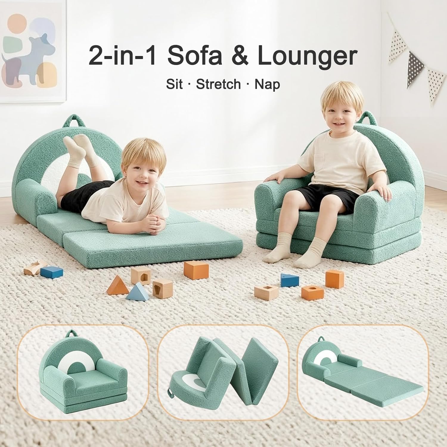 Nutech Decor 2-in-1 Kids Sofa Chair – Convertible Plush Toddler Lounger with Rainbow Backrest