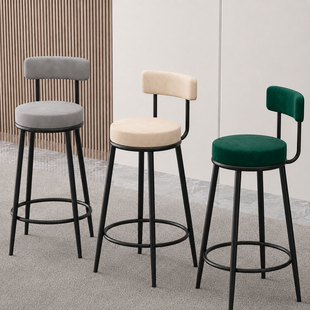 Nutech Decor Velvet Counter Height Bar Stool with Padded Backrest with Black & Gold Legs | Kitchen & Bar Seating