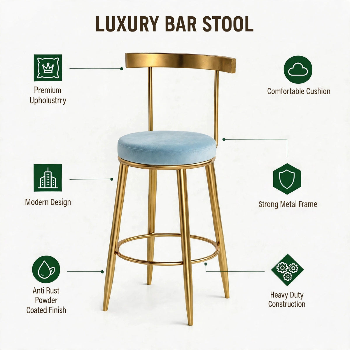 Nutech Decor Velvet Counter Height Bar Stool with Solid Backrest with Black & Gold Legs | Kitchen & Bar Seating