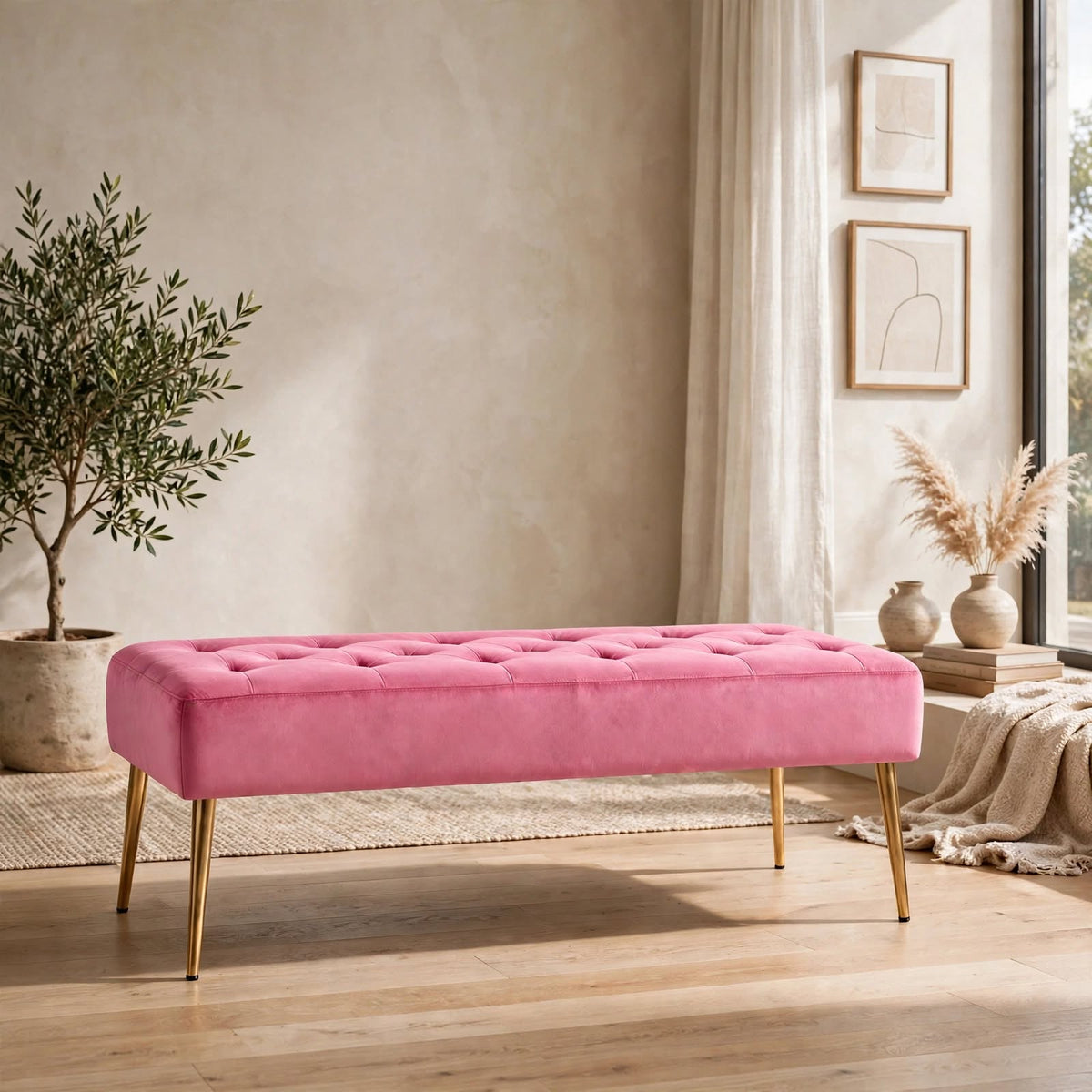 Nutech Impex Modern Velvet Bench Ottoman with Gold Metal Legs | Tufted Upholstered Bench for Bedroom, Living Room & Entryway | Footrest & Accent Seating