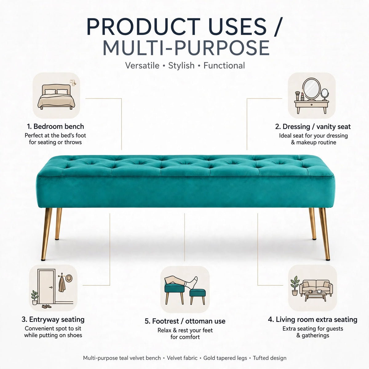 Nutech Impex Modern Velvet Bench Ottoman with Gold Metal Legs | Tufted Upholstered Bench for Bedroom, Living Room & Entryway | Footrest & Accent Seating
