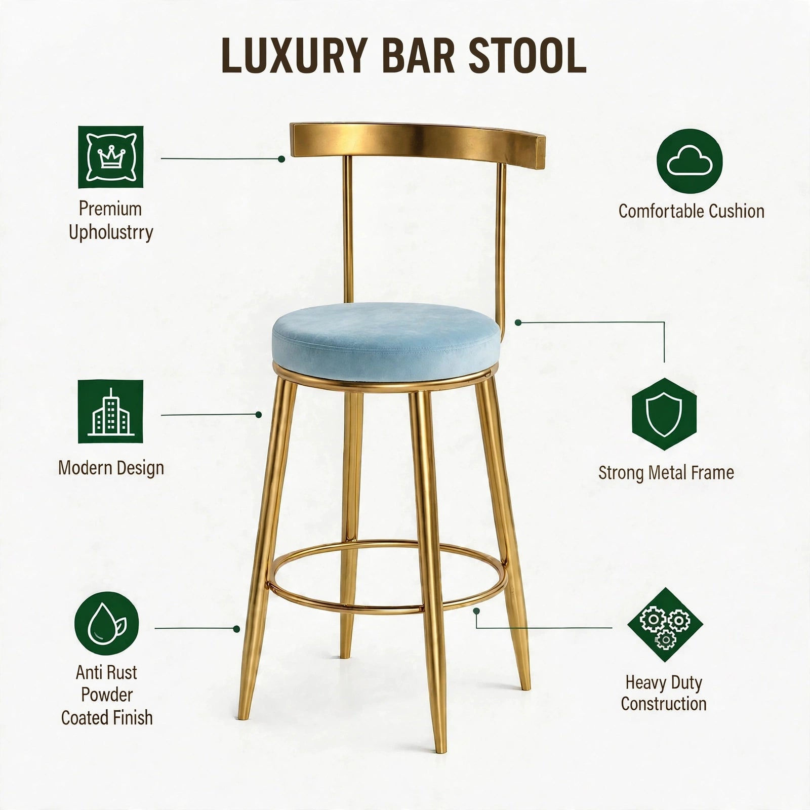 Nutech Decor Velvet Counter Height Bar Stool with Solid Backrest with Gold Legs | Kitchen & Bar Seating
