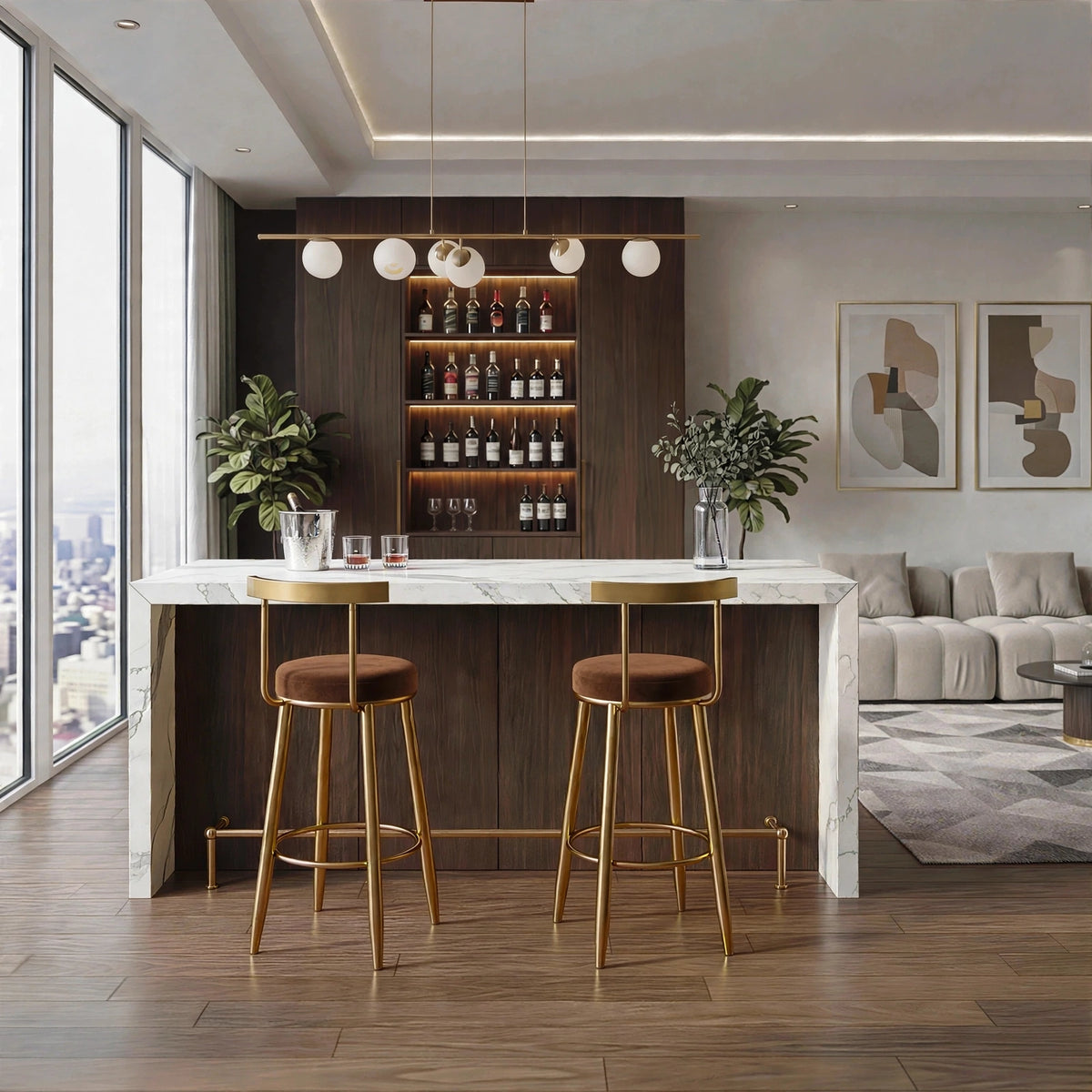 Nutech Decor Velvet Counter Height Bar Stool with Solid Backrest with Gold Legs | Kitchen & Bar Seating