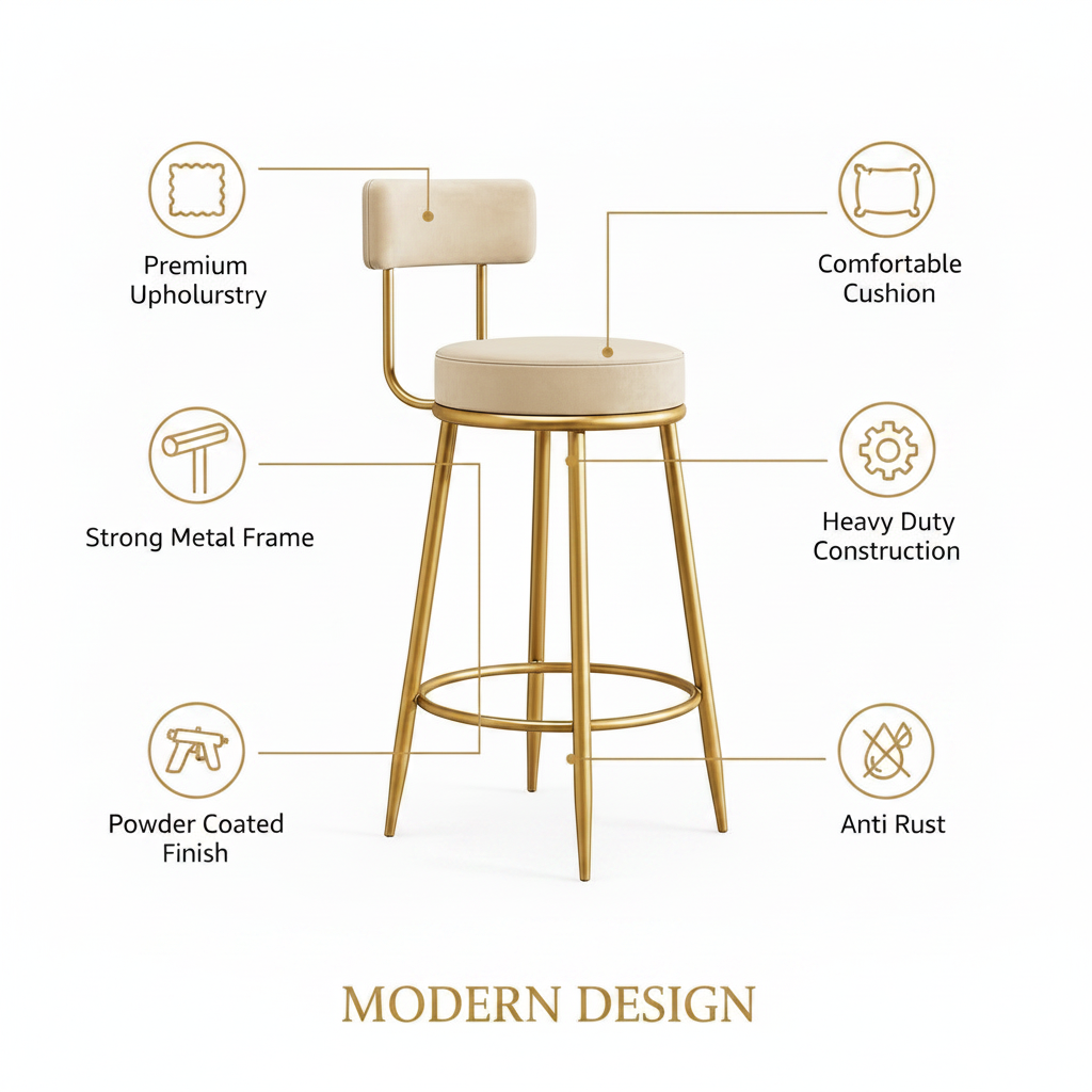 Nutech Decor Velvet Counter Height Bar Stool with Padded Backrest with Black & Gold Legs | Kitchen & Bar Seating