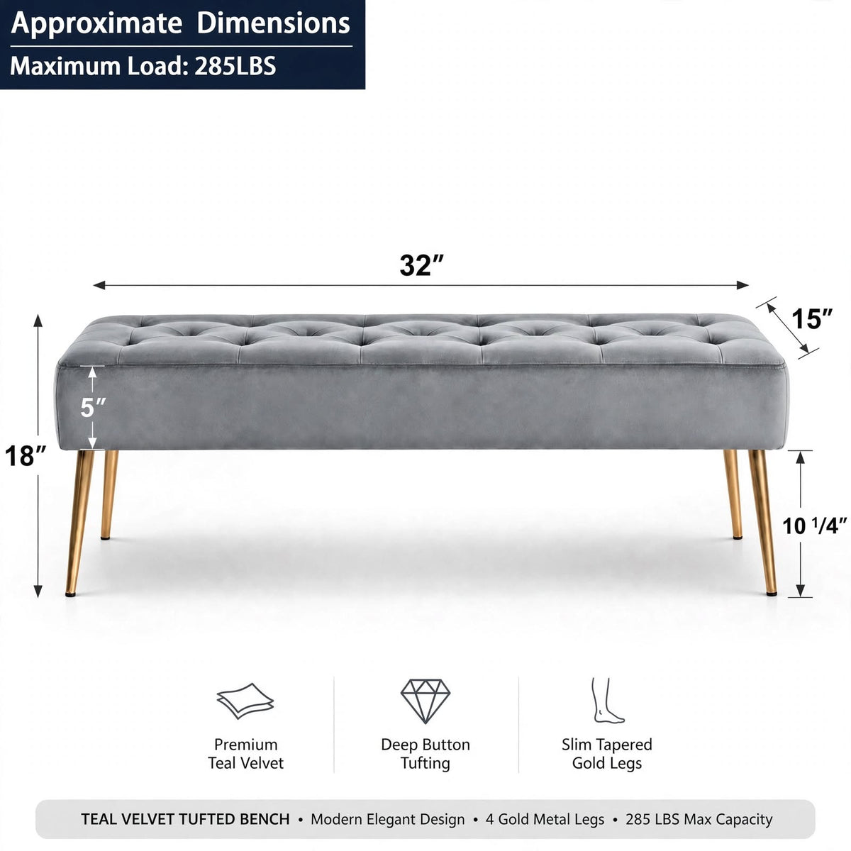 Nutech Impex Modern Velvet Bench Ottoman with Gold Metal Legs | Tufted Upholstered Bench for Bedroom, Living Room & Entryway | Footrest & Accent Seating