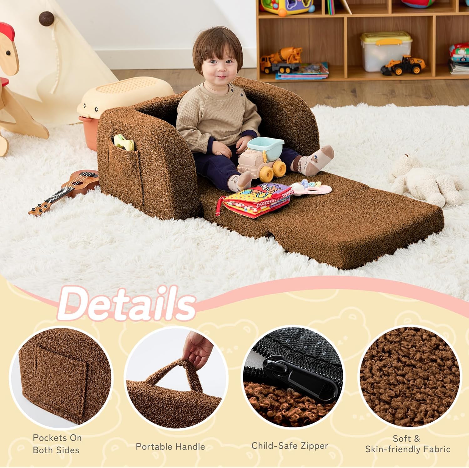 Nutech Decor 2-in-1 Toddler Couch Soft Sherpa Plush Kids Sofa & Lounger