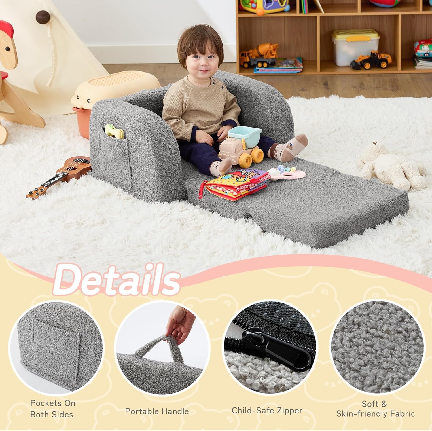 Nutech Decor 2-in-1 Toddler Couch Soft Sherpa Plush Kids Sofa & Lounger