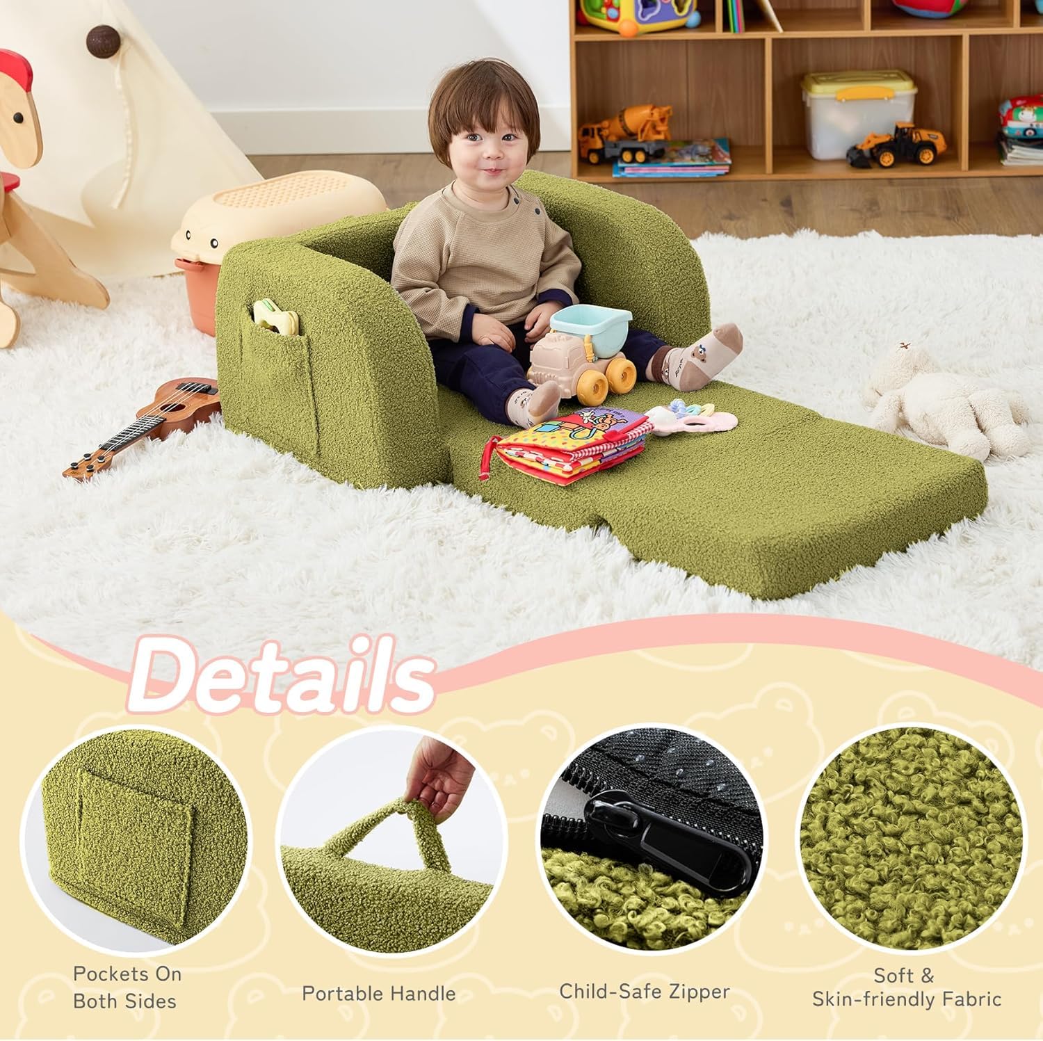 Nutech Decor 2-in-1 Toddler Couch Soft Sherpa Plush Kids Sofa & Lounger