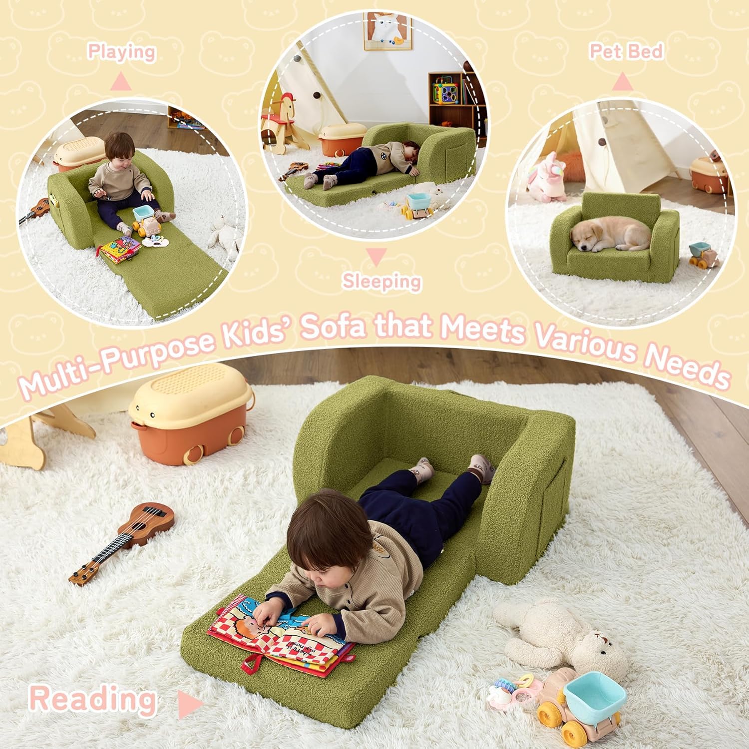 Nutech Decor 2-in-1 Toddler Couch Soft Sherpa Plush Kids Sofa & Lounger