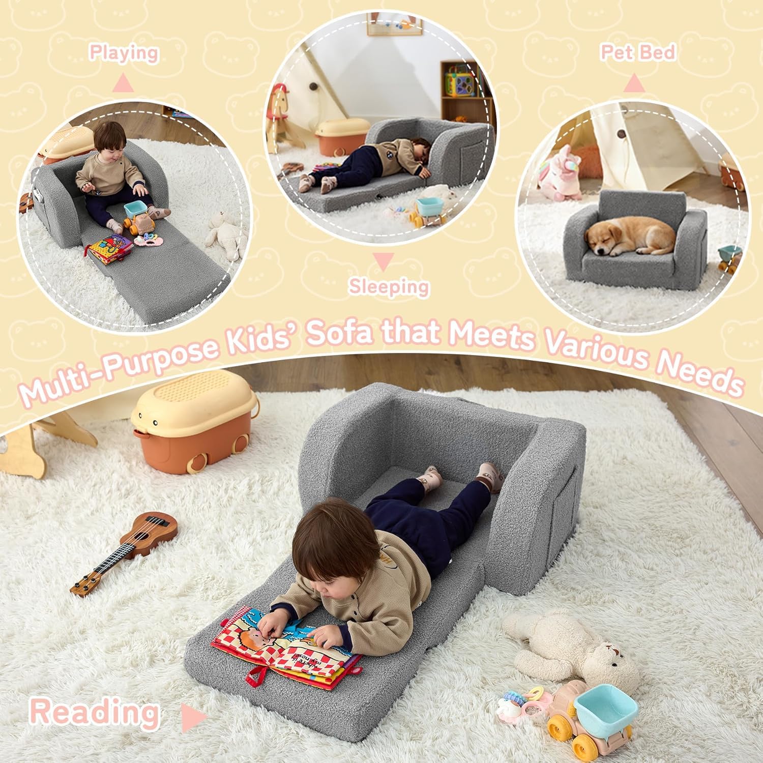 Nutech Decor 2-in-1 Toddler Couch Soft Sherpa Plush Kids Sofa & Lounger