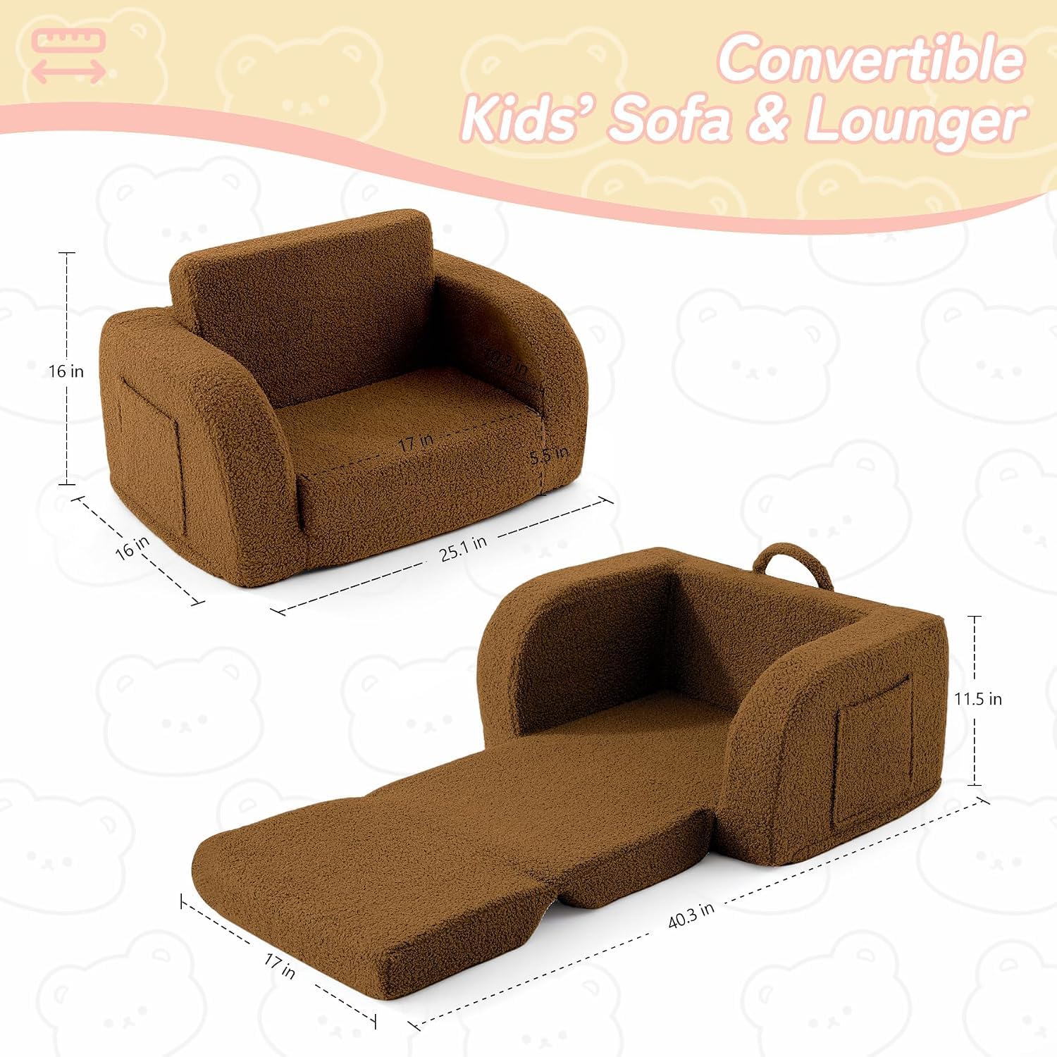 Nutech Decor 2-in-1 Toddler Couch Soft Sherpa Plush Kids Sofa & Lounger