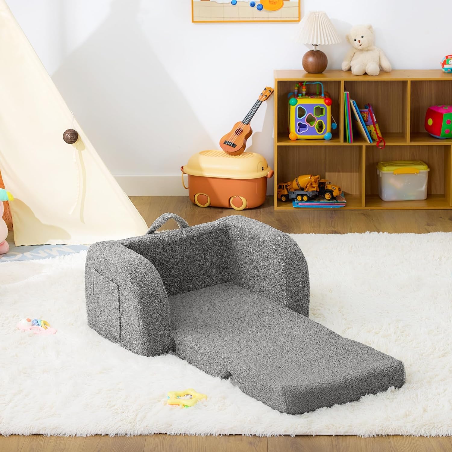 Nutech Decor 2-in-1 Toddler Couch Soft Sherpa Plush Kids Sofa & Lounger