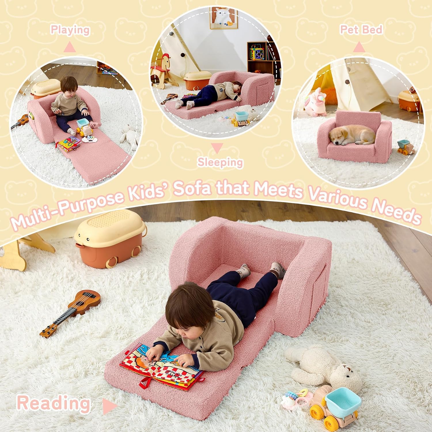 Nutech Decor 2-in-1 Toddler Couch Soft Sherpa Plush Kids Sofa & Lounger