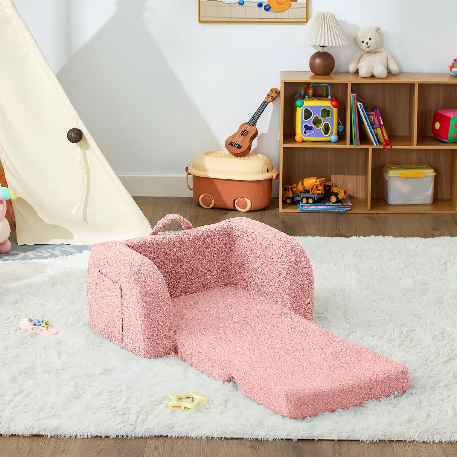 Nutech Decor 2-in-1 Toddler Couch Soft Sherpa Plush Kids Sofa & Lounger