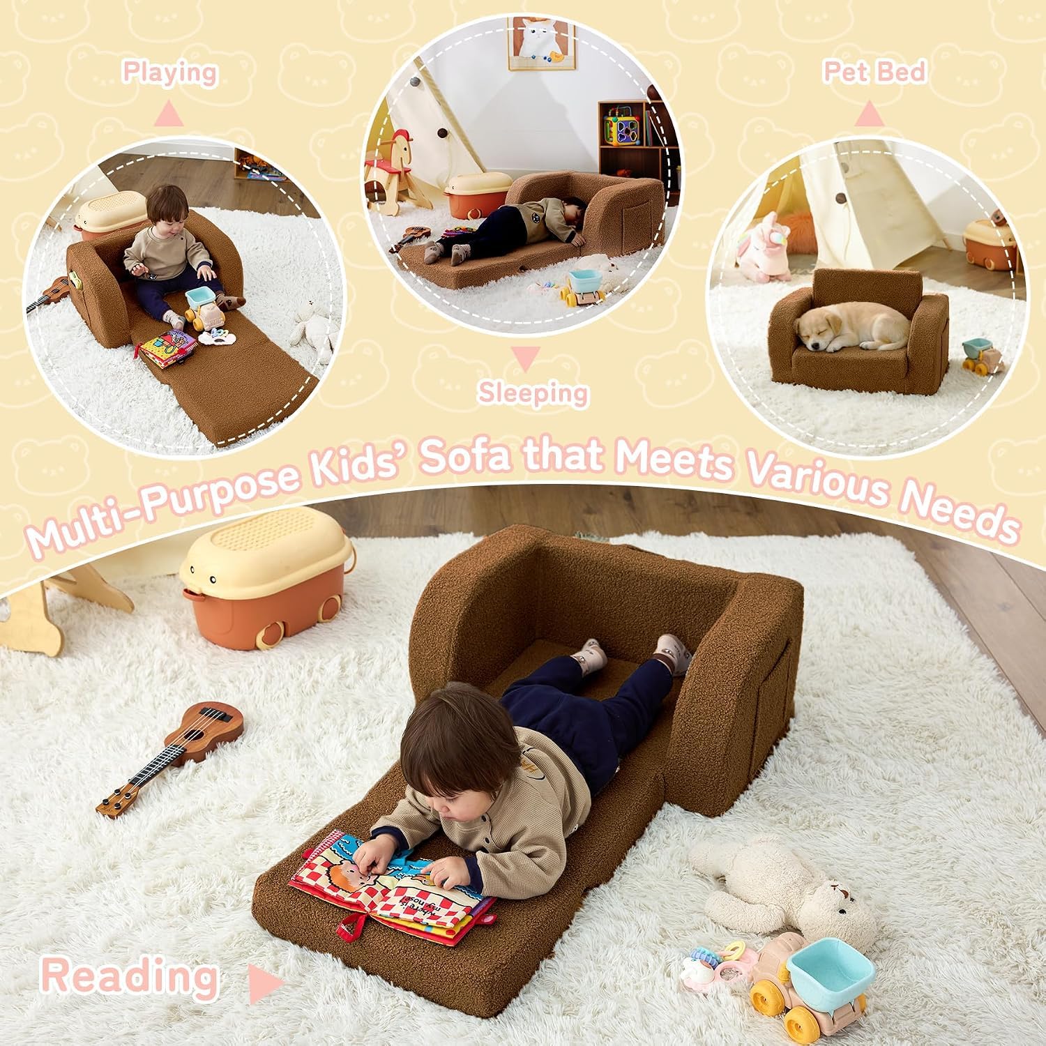 Nutech Decor 2-in-1 Toddler Couch Soft Sherpa Plush Kids Sofa & Lounger