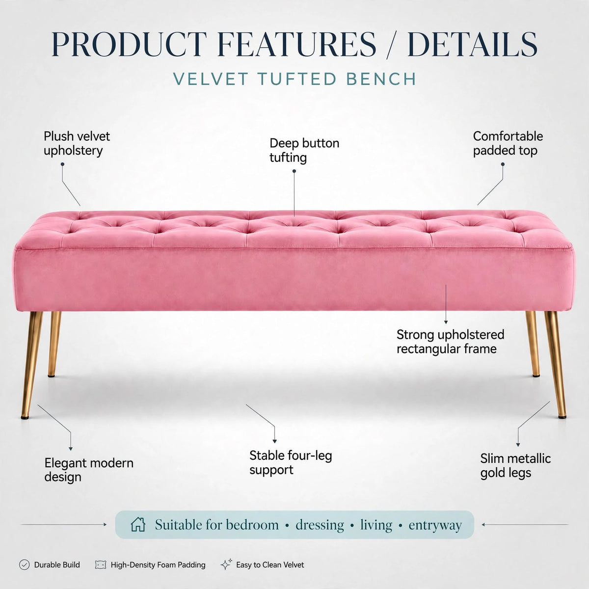 Nutech Impex Modern Velvet Bench Ottoman with Gold Metal Legs | Tufted Upholstered Bench for Bedroom, Living Room & Entryway | Footrest & Accent Seating