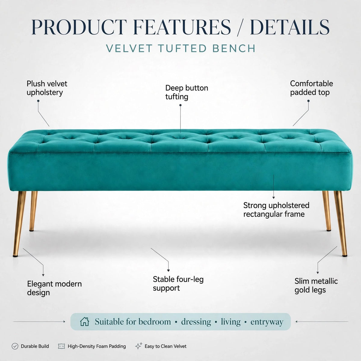 Nutech Impex Modern Velvet Bench Ottoman with Gold Metal Legs | Tufted Upholstered Bench for Bedroom, Living Room & Entryway | Footrest & Accent Seating