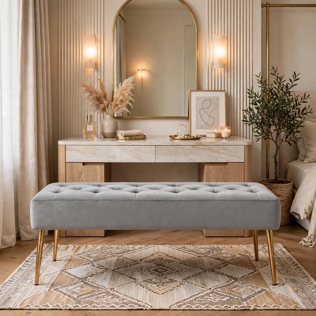 Nutech Impex Modern Velvet Bench Ottoman with Gold Metal Legs | Tufted Upholstered Bench for Bedroom, Living Room & Entryway | Footrest & Accent Seating