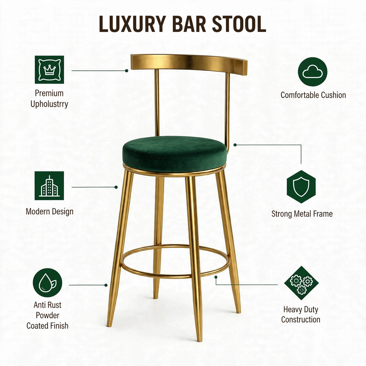 Nutech Decor Velvet Counter Height Bar Stool with Solid Backrest with Black & Gold Legs | Kitchen & Bar Seating