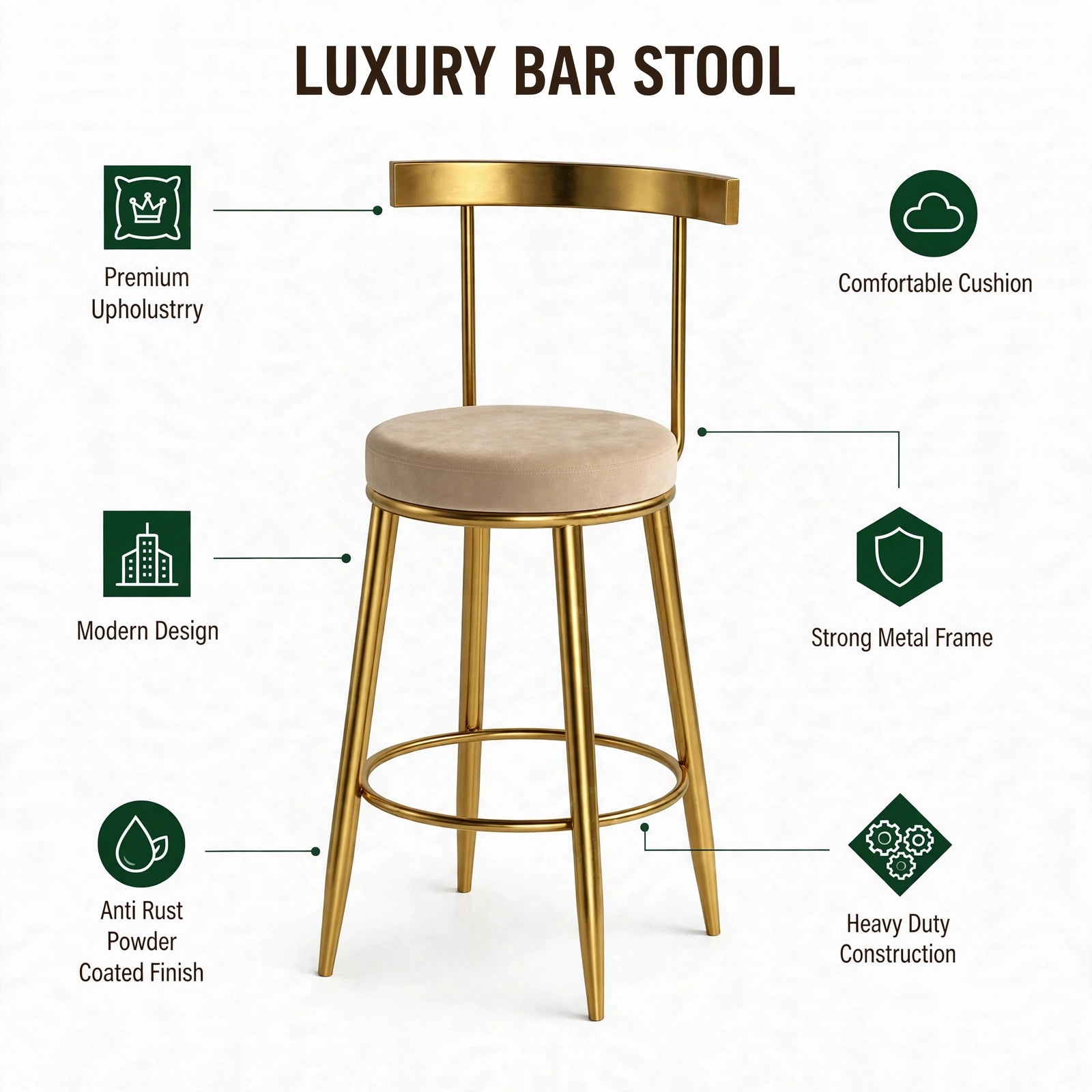 Nutech Decor Velvet Counter Height Bar Stool with Solid Backrest with Black & Gold Legs | Kitchen & Bar Seating