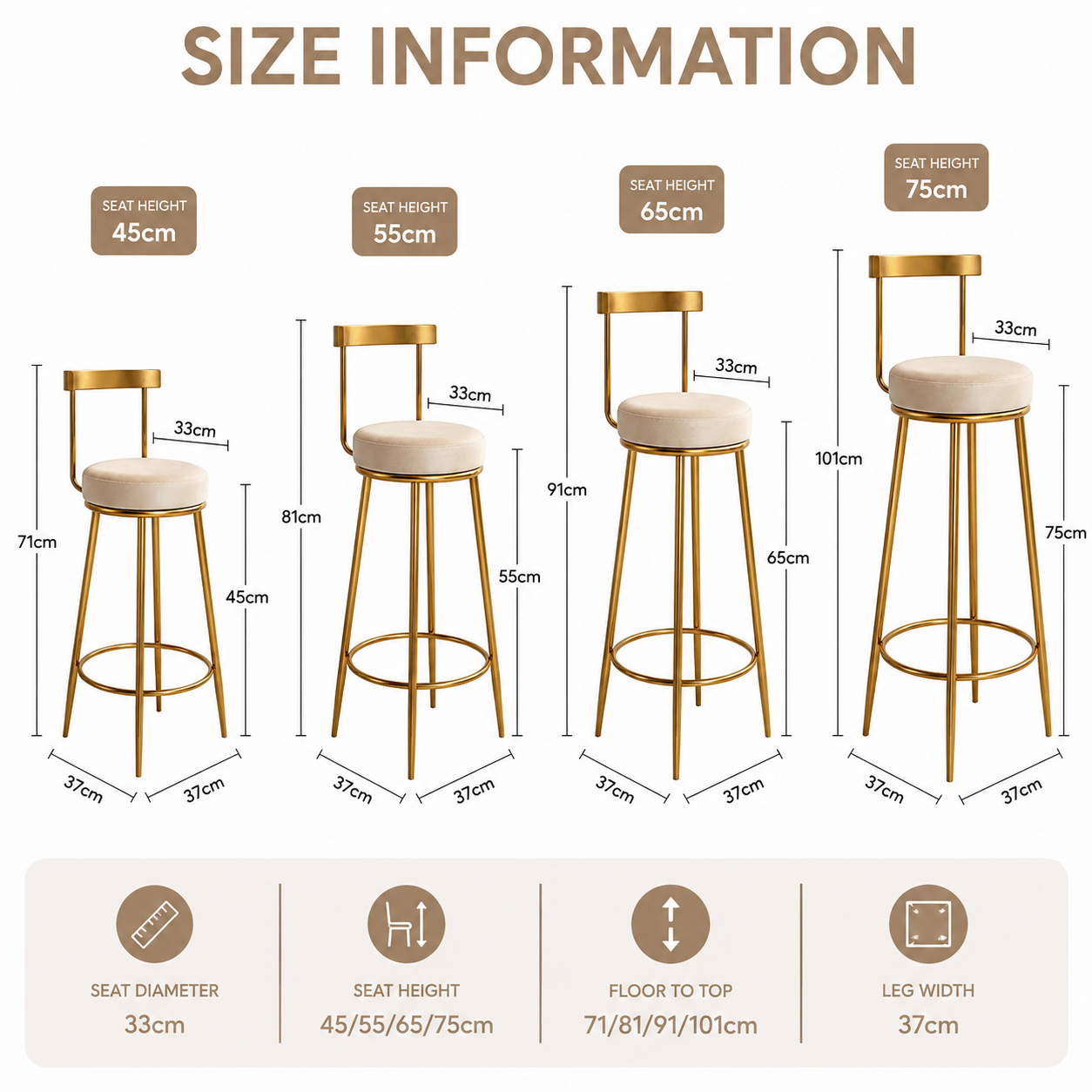 Nutech Decor Velvet Counter Height Bar Stool with Solid Backrest with Gold Legs | Kitchen & Bar Seating