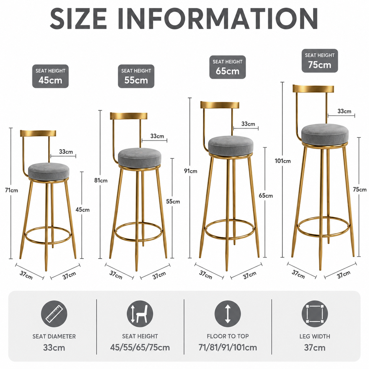 Nutech Decor Velvet Counter Height Bar Stool with Solid Backrest with Black & Gold Legs | Kitchen & Bar Seating