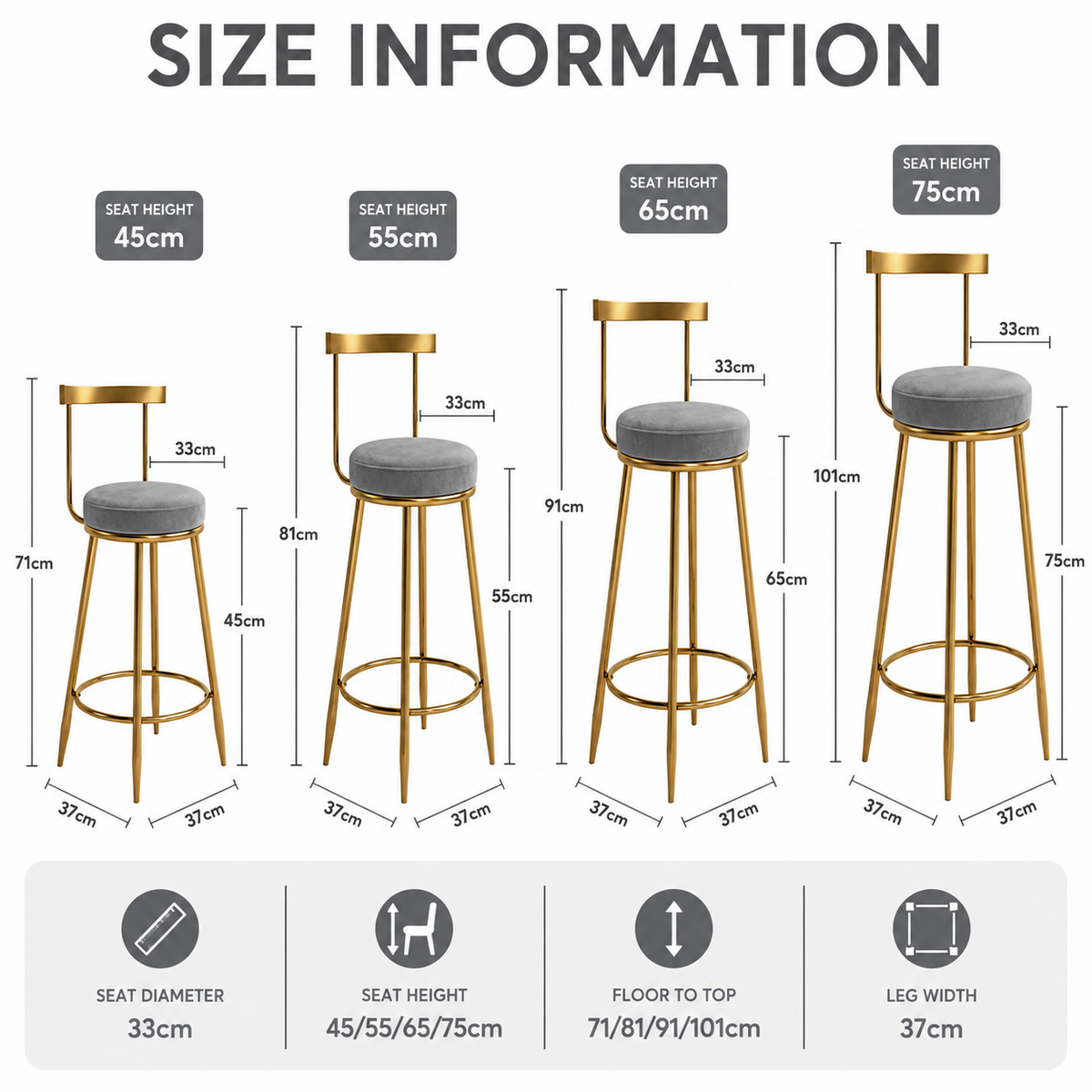 Nutech Decor Velvet Counter Height Bar Stool with Solid Backrest with Gold Legs | Kitchen & Bar Seating