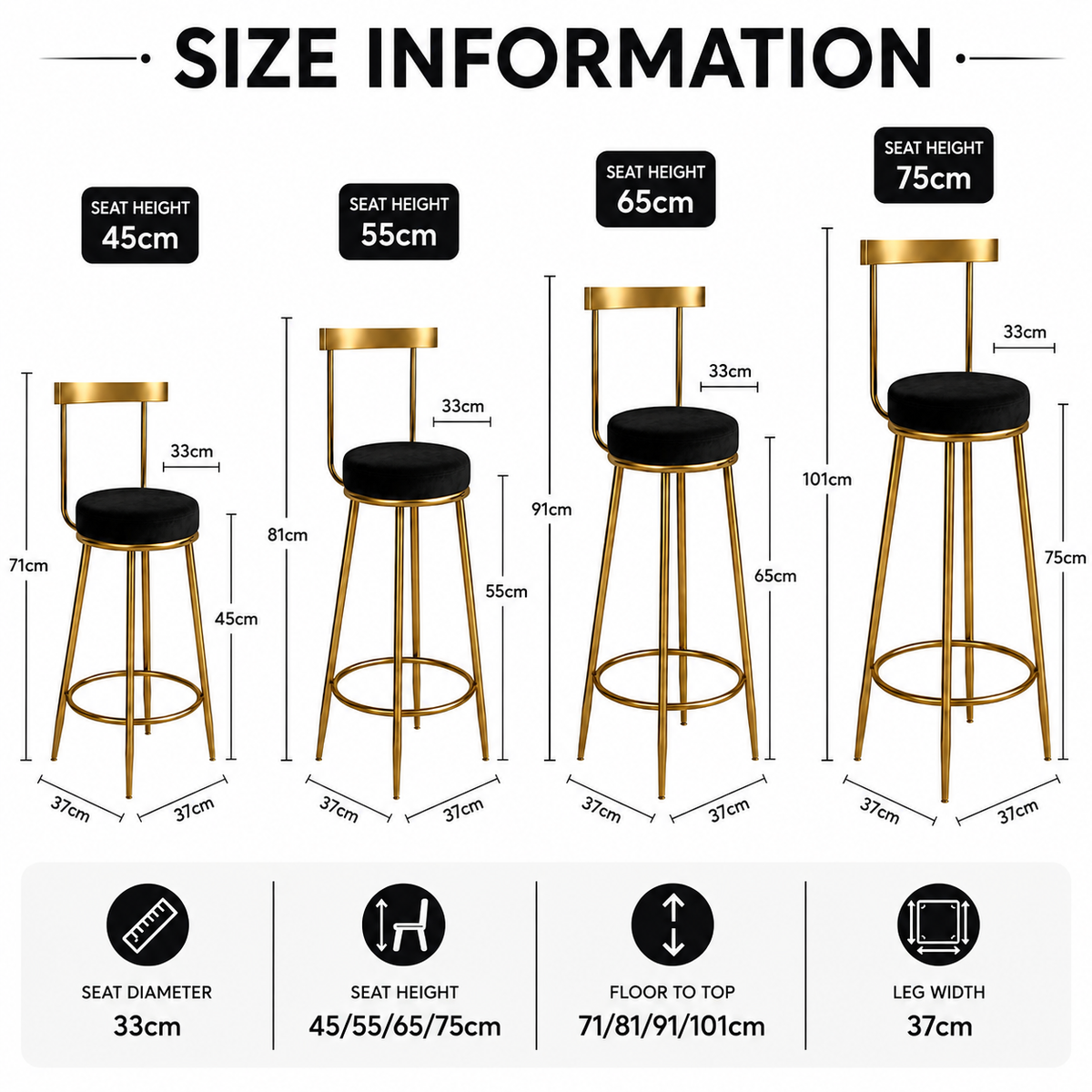 Nutech Decor Velvet Counter Height Bar Stool with Solid Backrest with Black & Gold Legs | Kitchen & Bar Seating