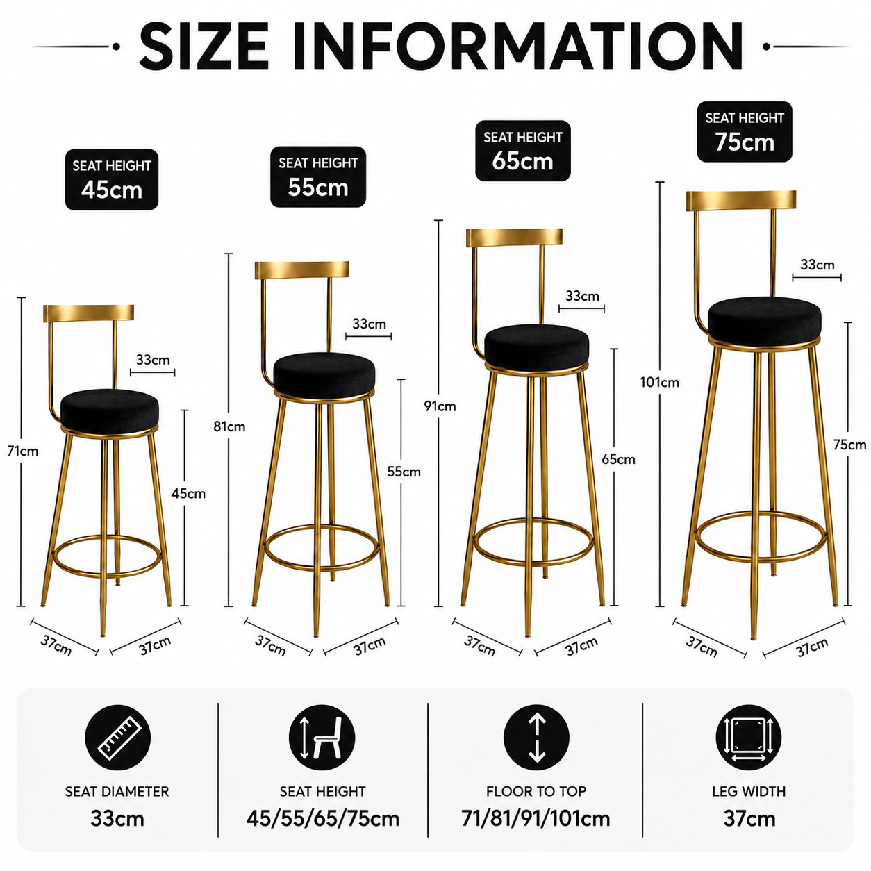 Nutech Decor Velvet Counter Height Bar Stool with Solid Backrest with Gold Legs | Kitchen & Bar Seating