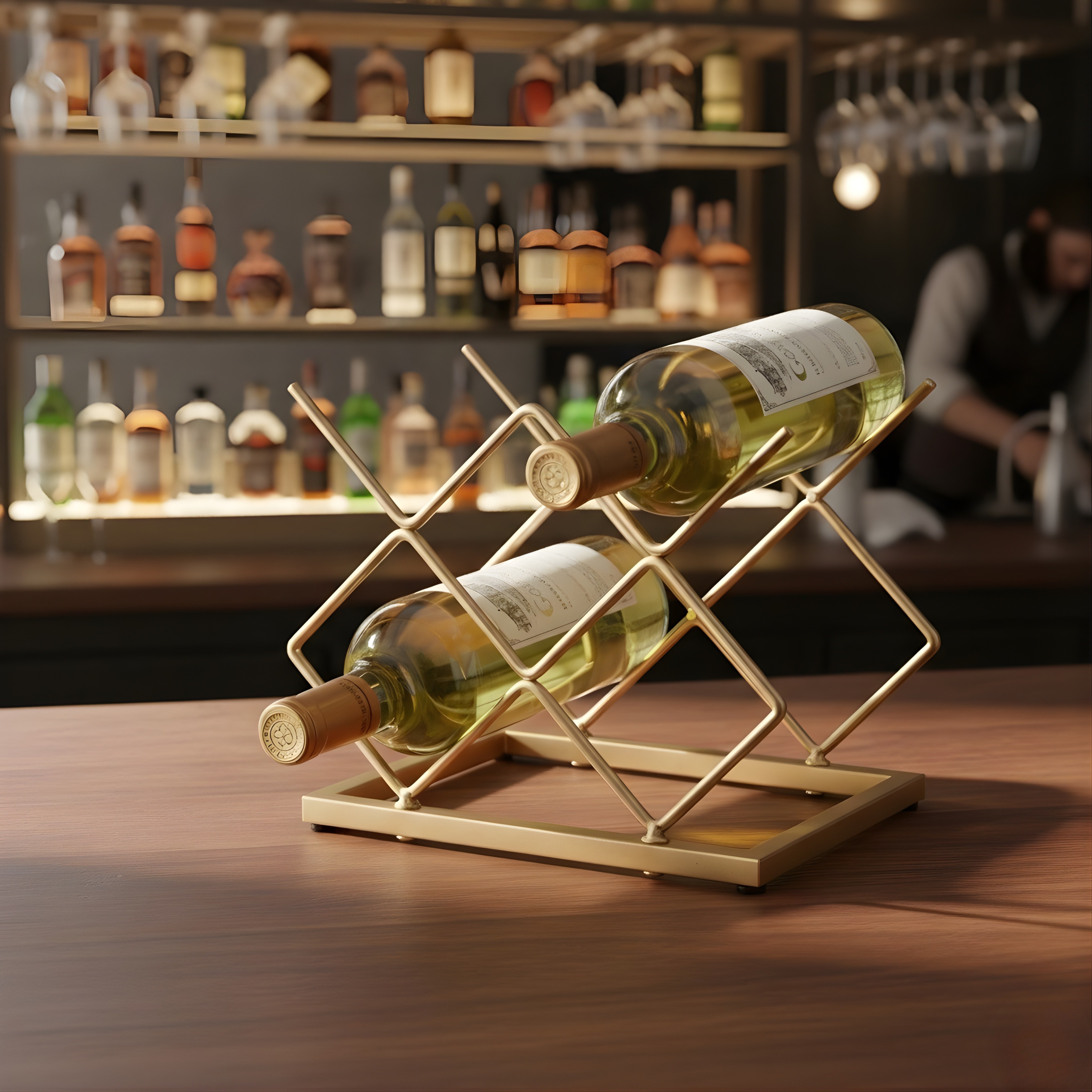 5 Bottle Tabletop Wine Rack | Red Metal Countertop Storage Holder for Kitchen & Home Bar (Square Design)