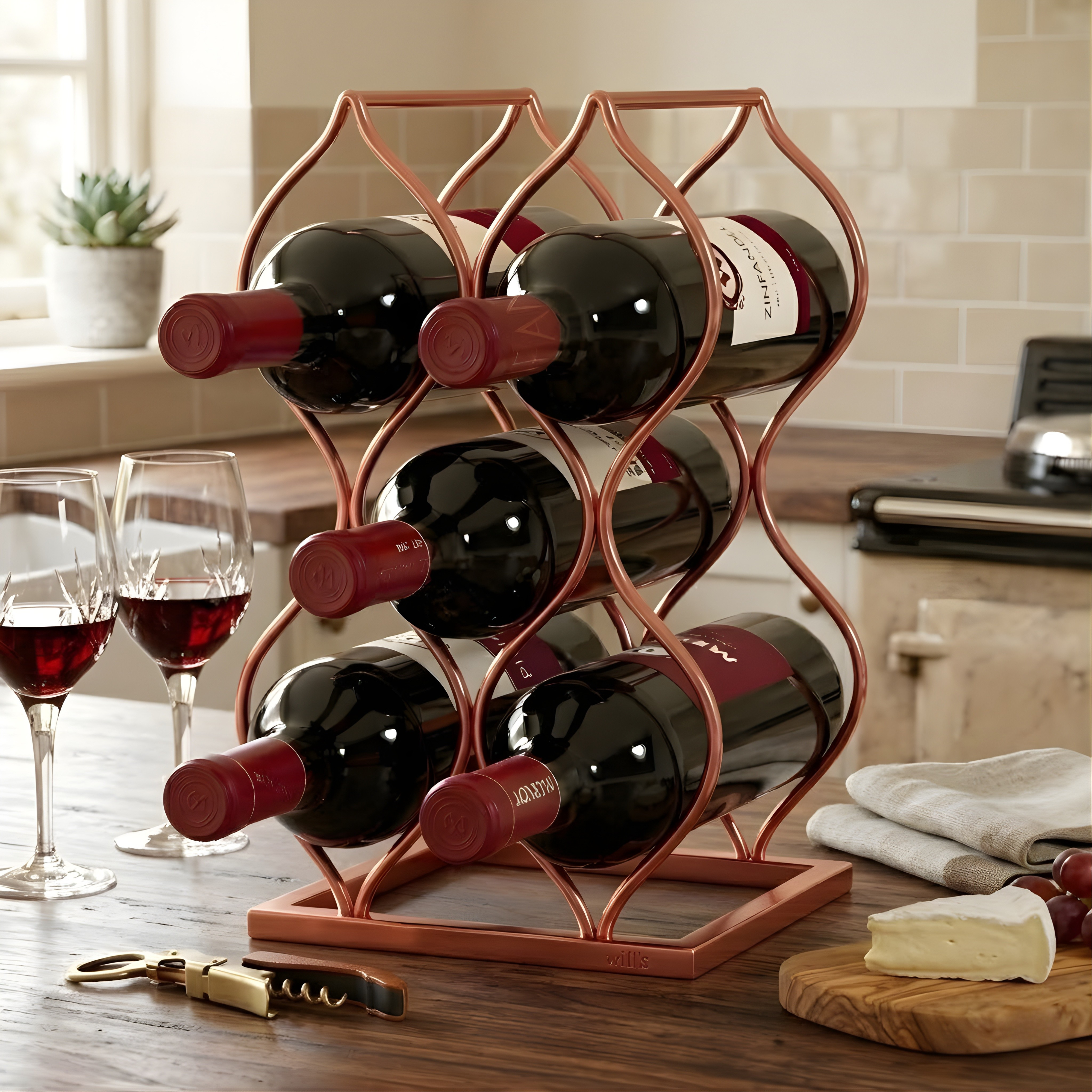 Imperial Tabletop Wine Rack – Rose Gold 5-Bottle Freestanding Countertop Wine Holder, No Assembly Required