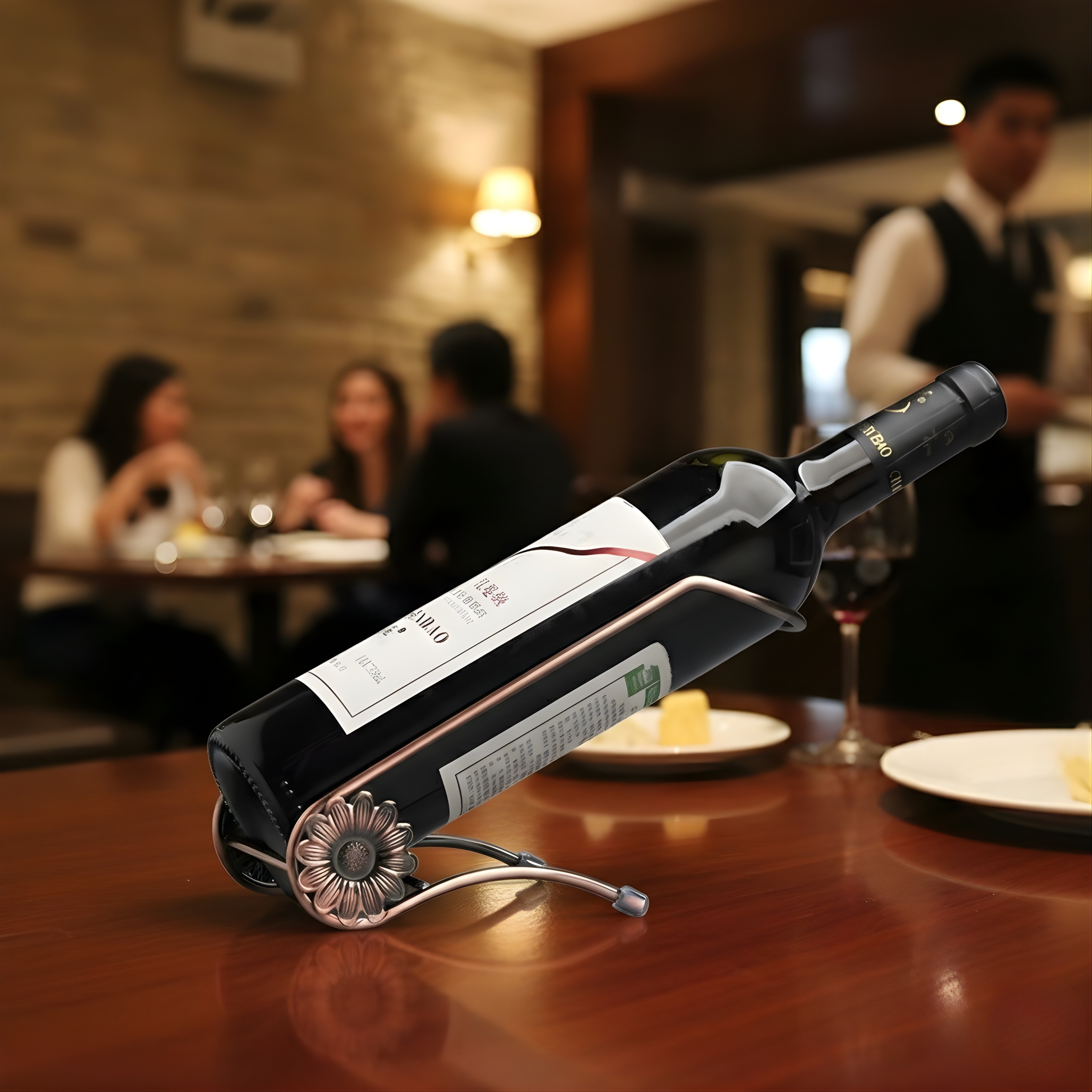 Red Bronze Metal Countertop Wine Bottle Holder | Single Bottle Tabletop Wine Rack for Home Bar & Kitchen