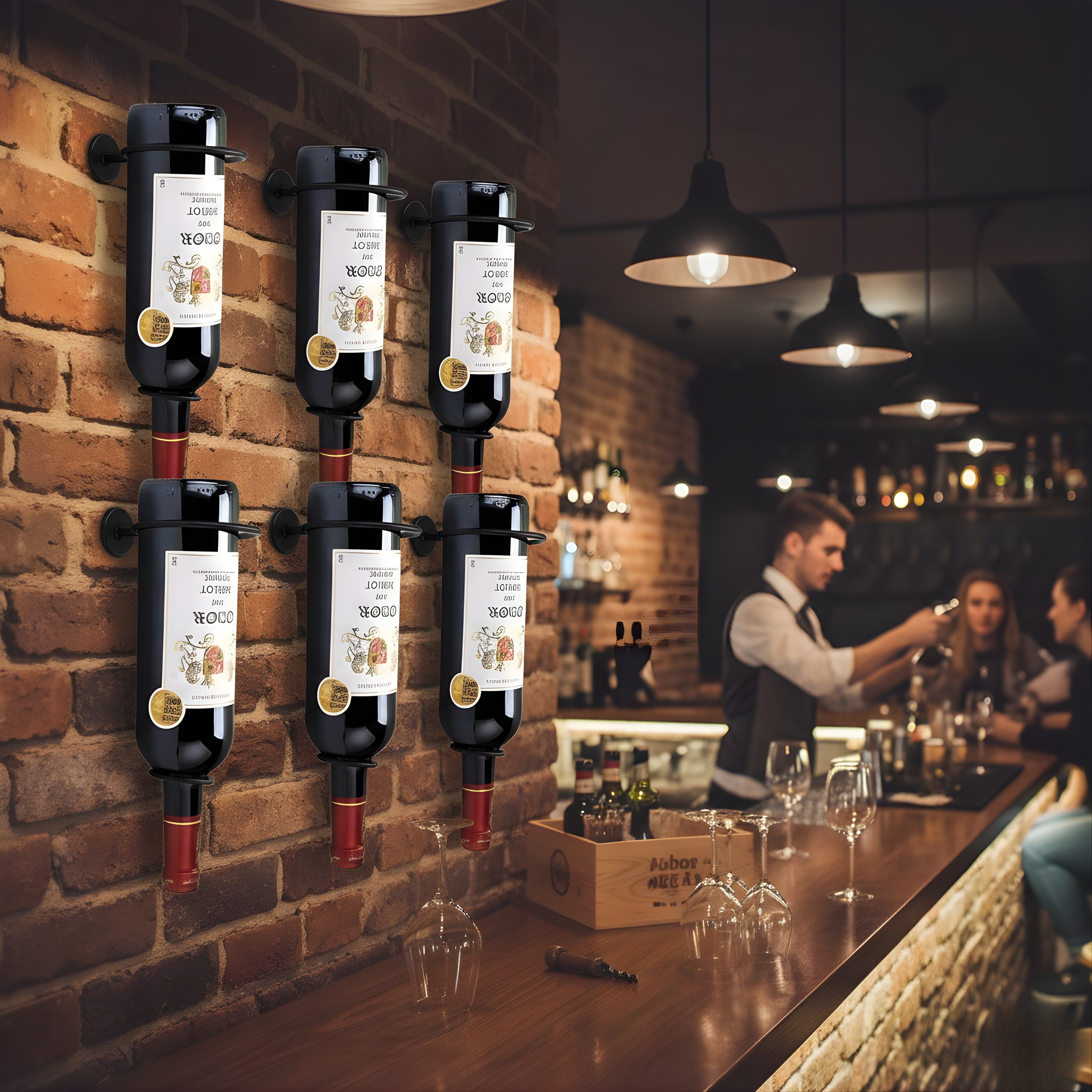 Set of 6 Wall Mounted Wine Rack | Metal Wine Bottle Holder with Hardware for Liquor & Beverage Display