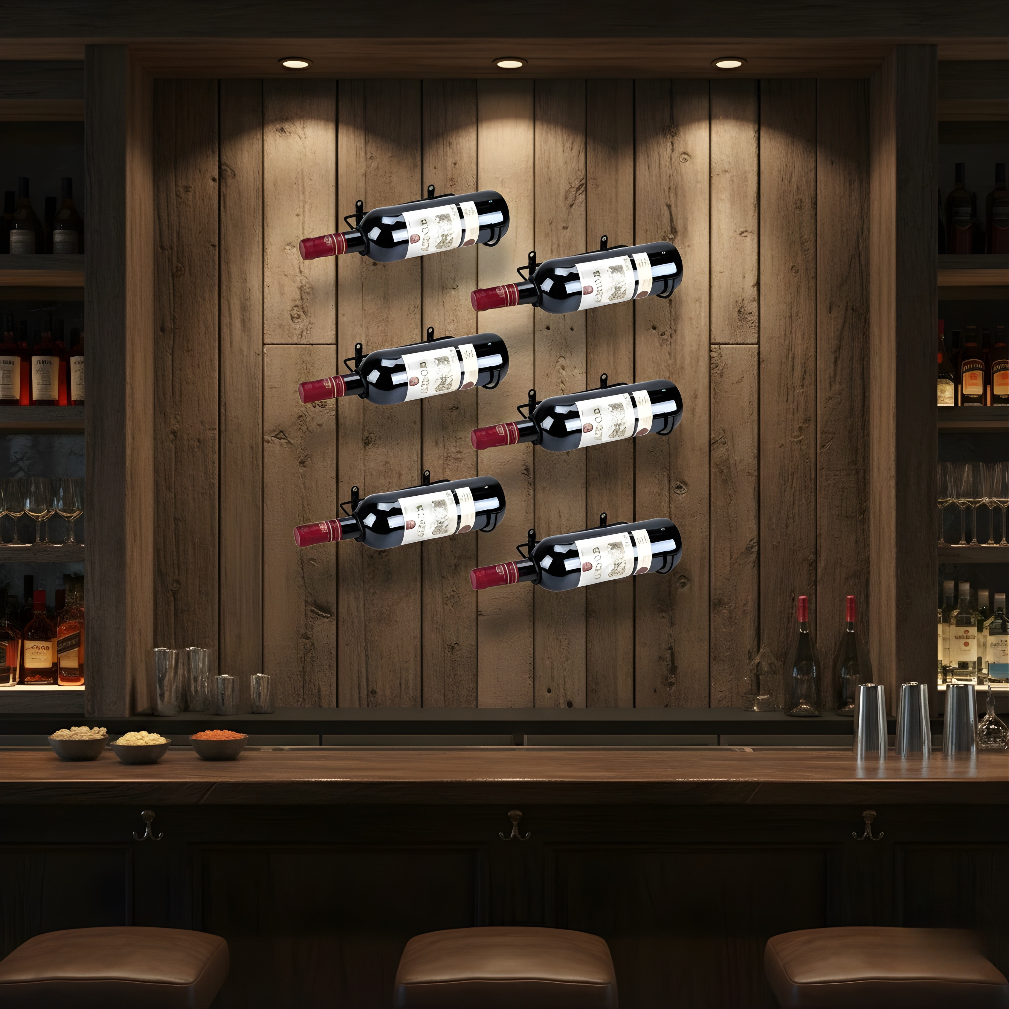 Set of 6 Wall Mounted Wine Rack | Metal Wine Bottle Holder with Hardware for Liquor & Beverage Display