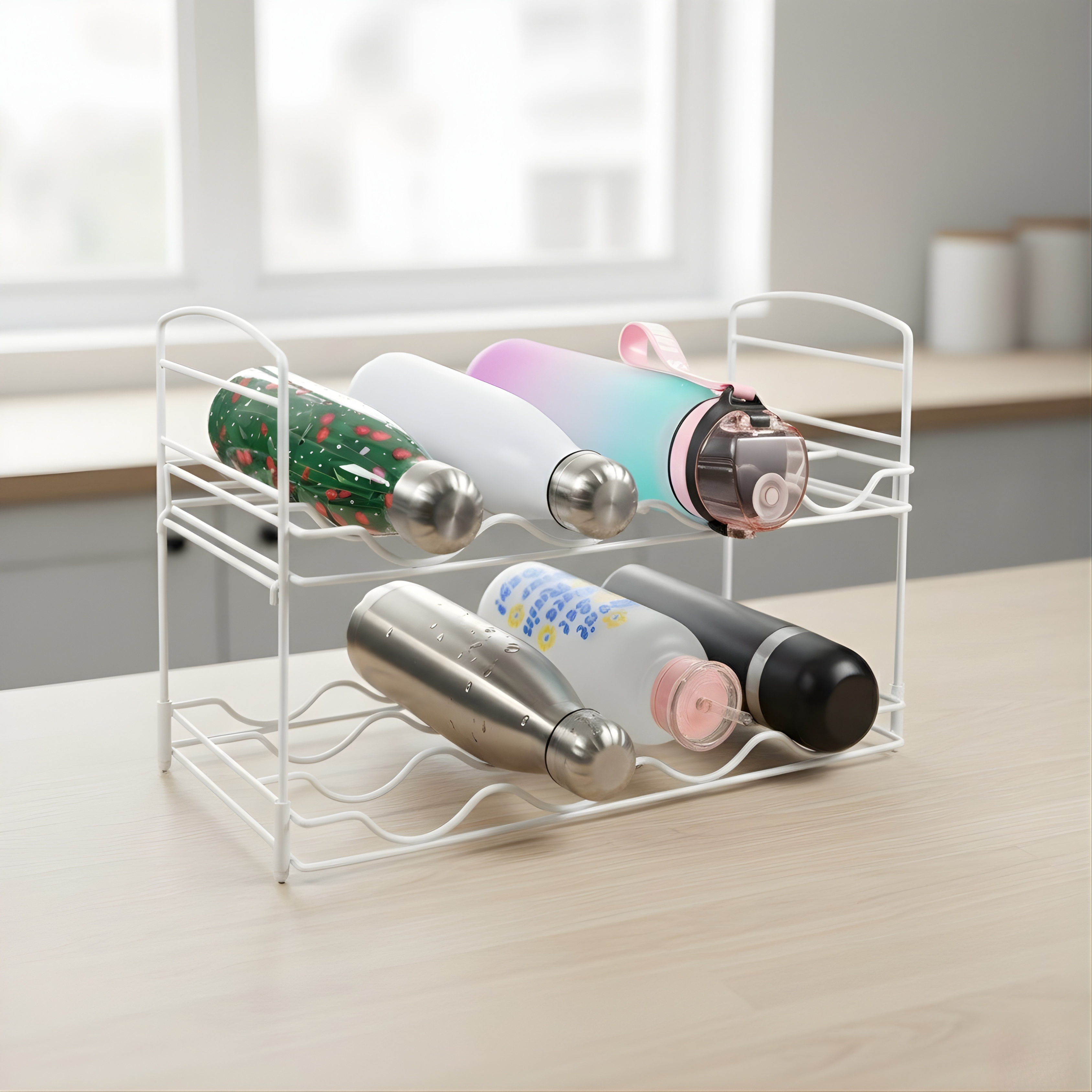 2-Tier Metal Water Bottle Rack Organizer | 16-Bottle Freestanding Storage for Kitchen Countertop, Pantry & Fridge