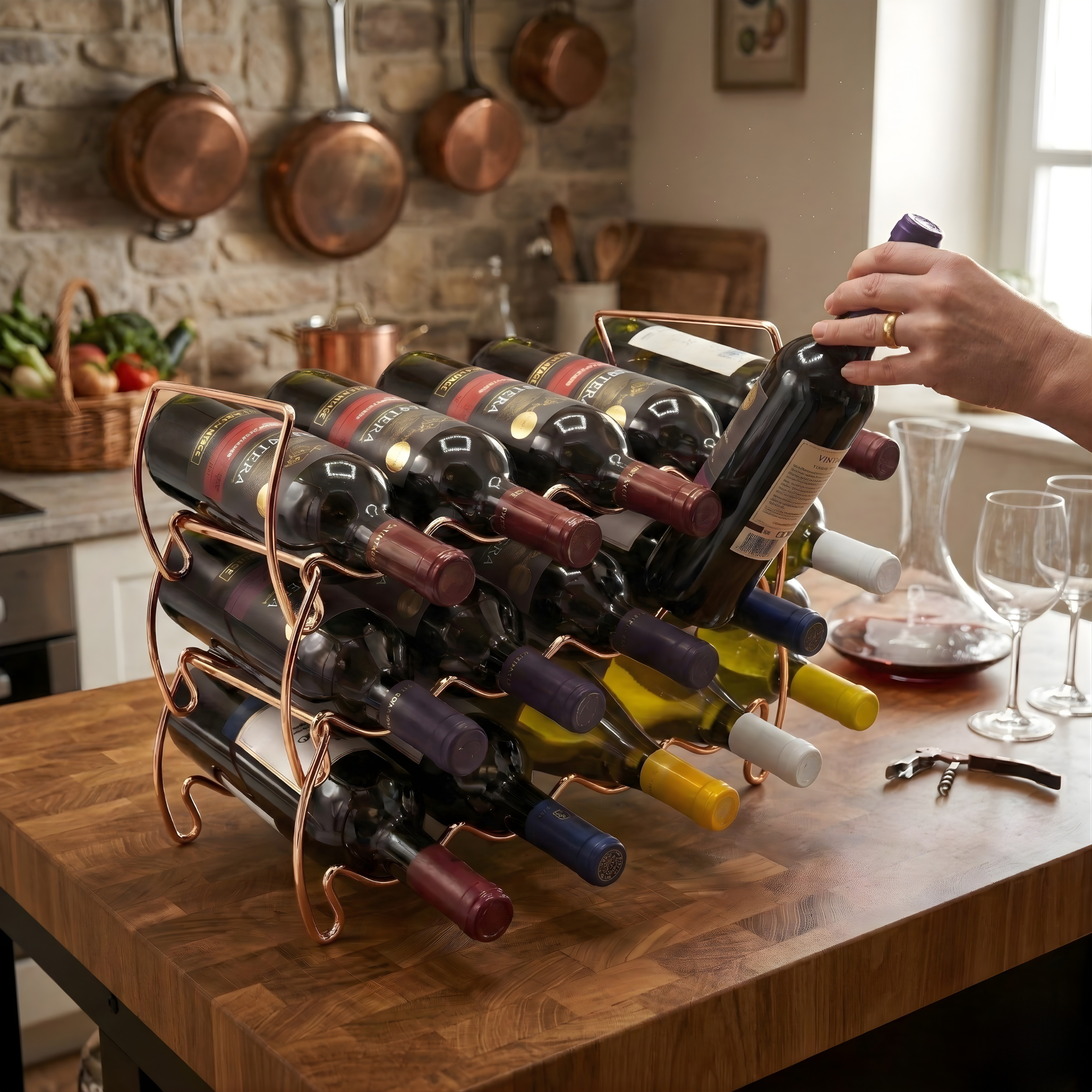 3-Tier Stackable Wine Rack | 12-Bottle Copper Metal Storage Stand for Bar, Cellar & Pantry