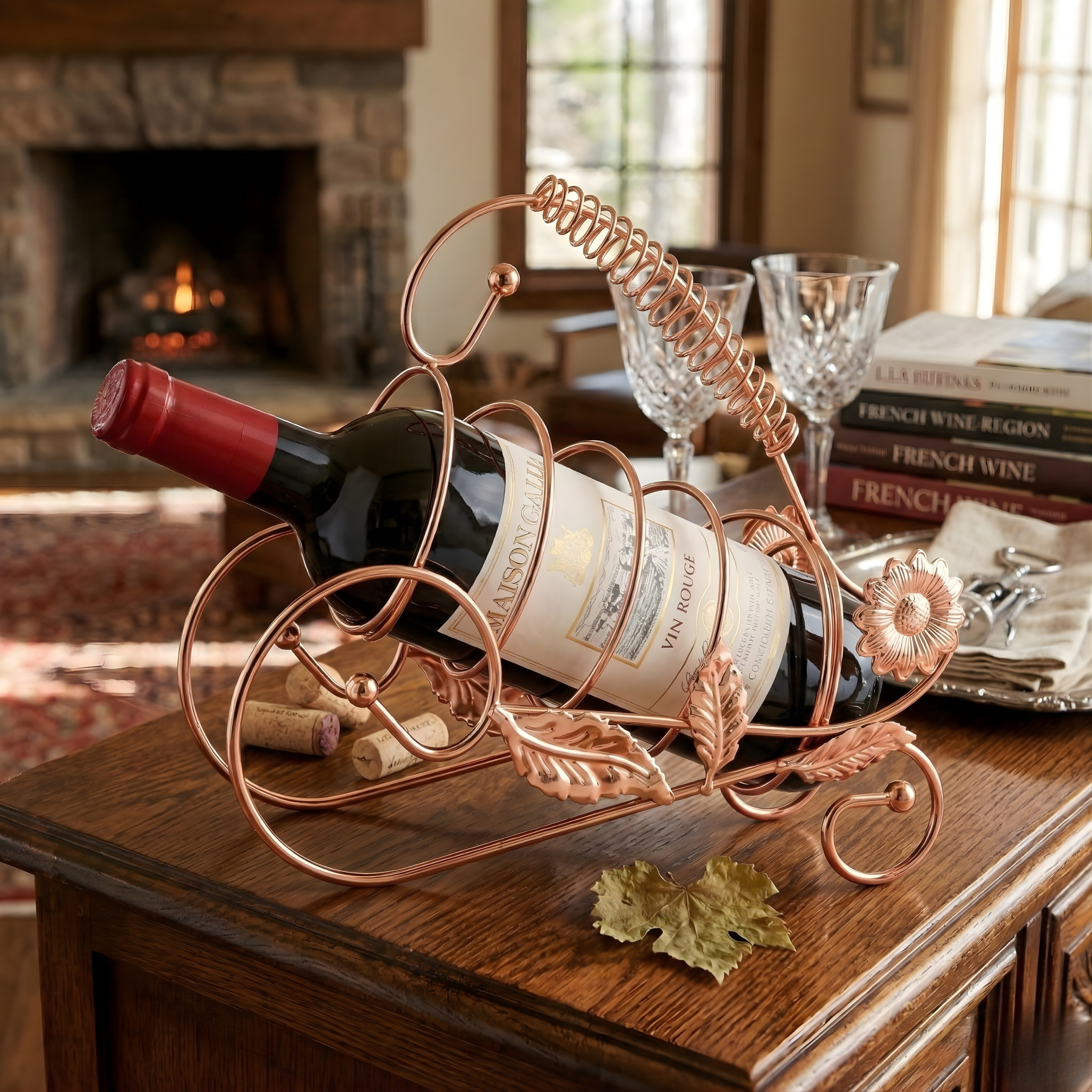 Vintage Sunflower Countertop Wine Rack | Bronze Wrought Iron Bottle Holder for Living Room & Home Bar