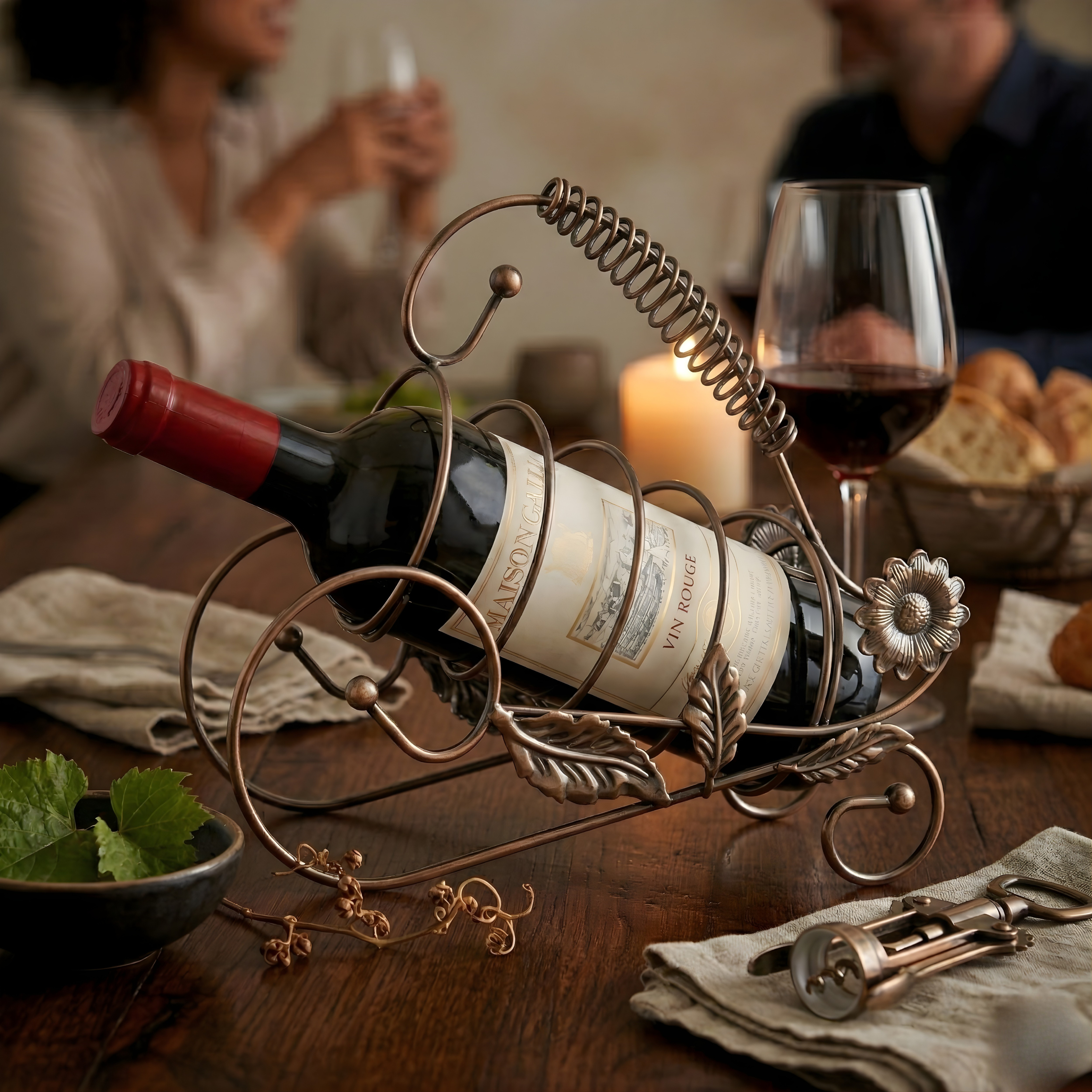 Vintage Sunflower Countertop Wine Rack | Bronze Wrought Iron Bottle Holder for Living Room & Home Bar