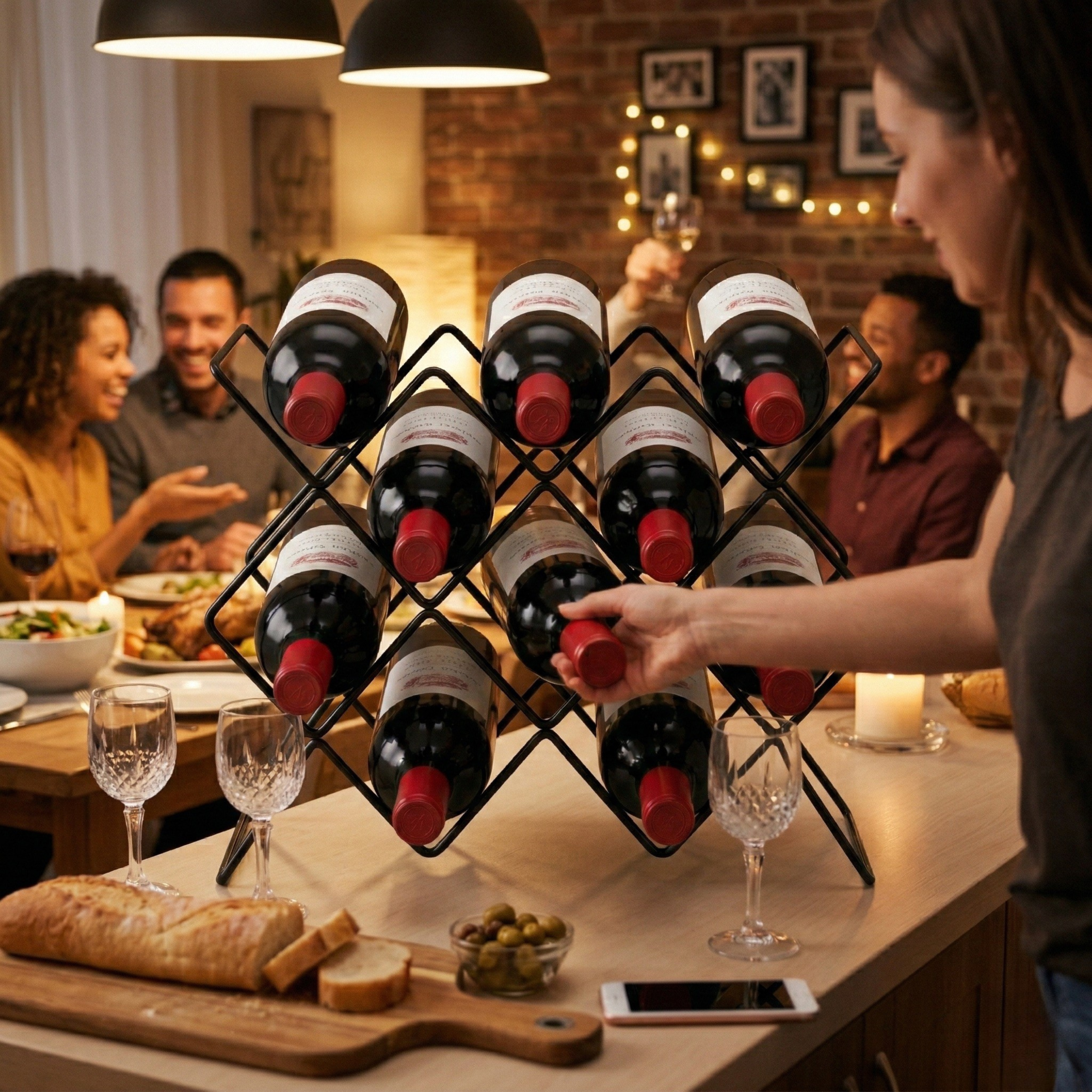 NUTECH IMPEX 10-Bottle Metal Wine Rack – Modern Free-Standing Countertop Organizer