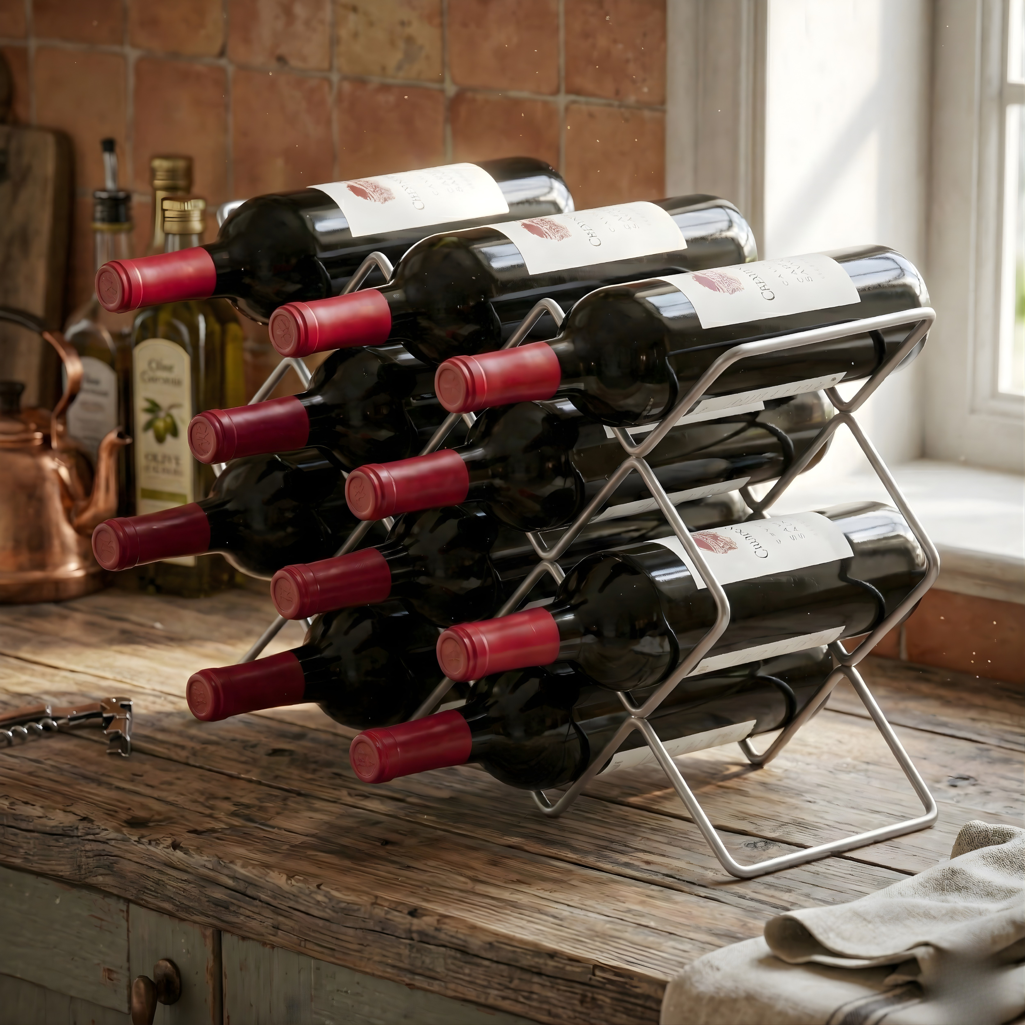 NUTECH IMPEX 10-Bottle Metal Wine Rack – Modern Free-Standing Countertop Organizer