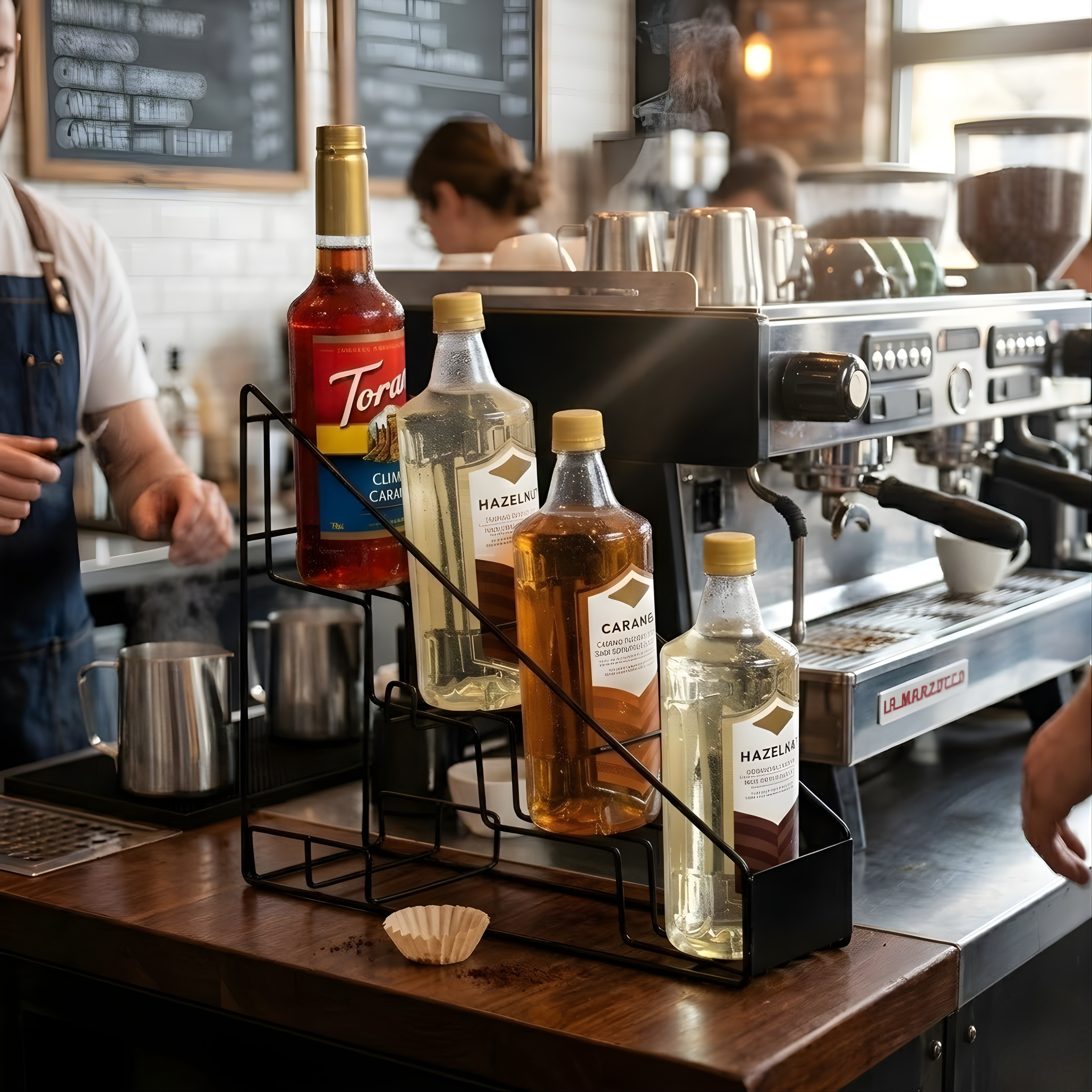 4-Bottle Metal Wine & Syrup Holder – Wall Mount or Tabletop Decorative Wire Organizer for Dressing & Beverage Storage