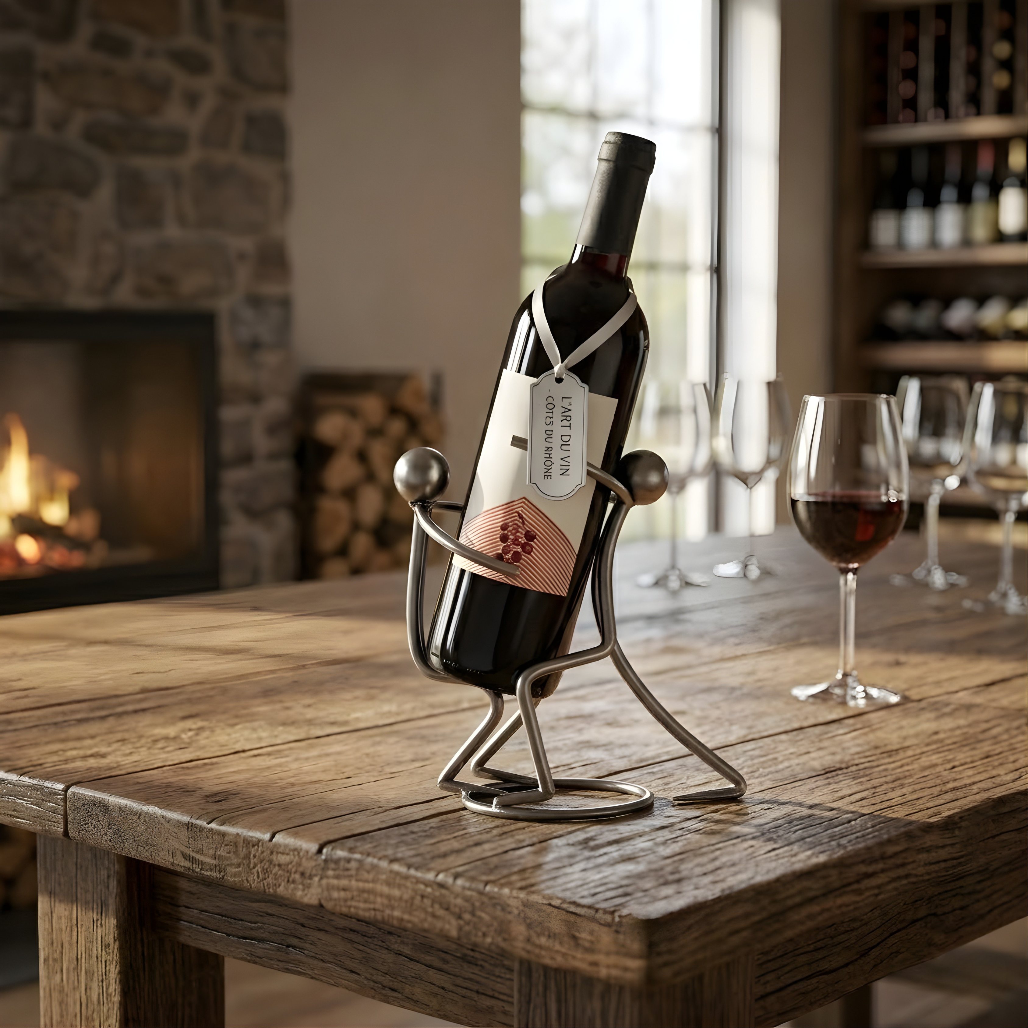 Tabletop Wine Rack – Metallic Silver Freestanding Countertop Bottle Holder Figurine for Wine Lovers