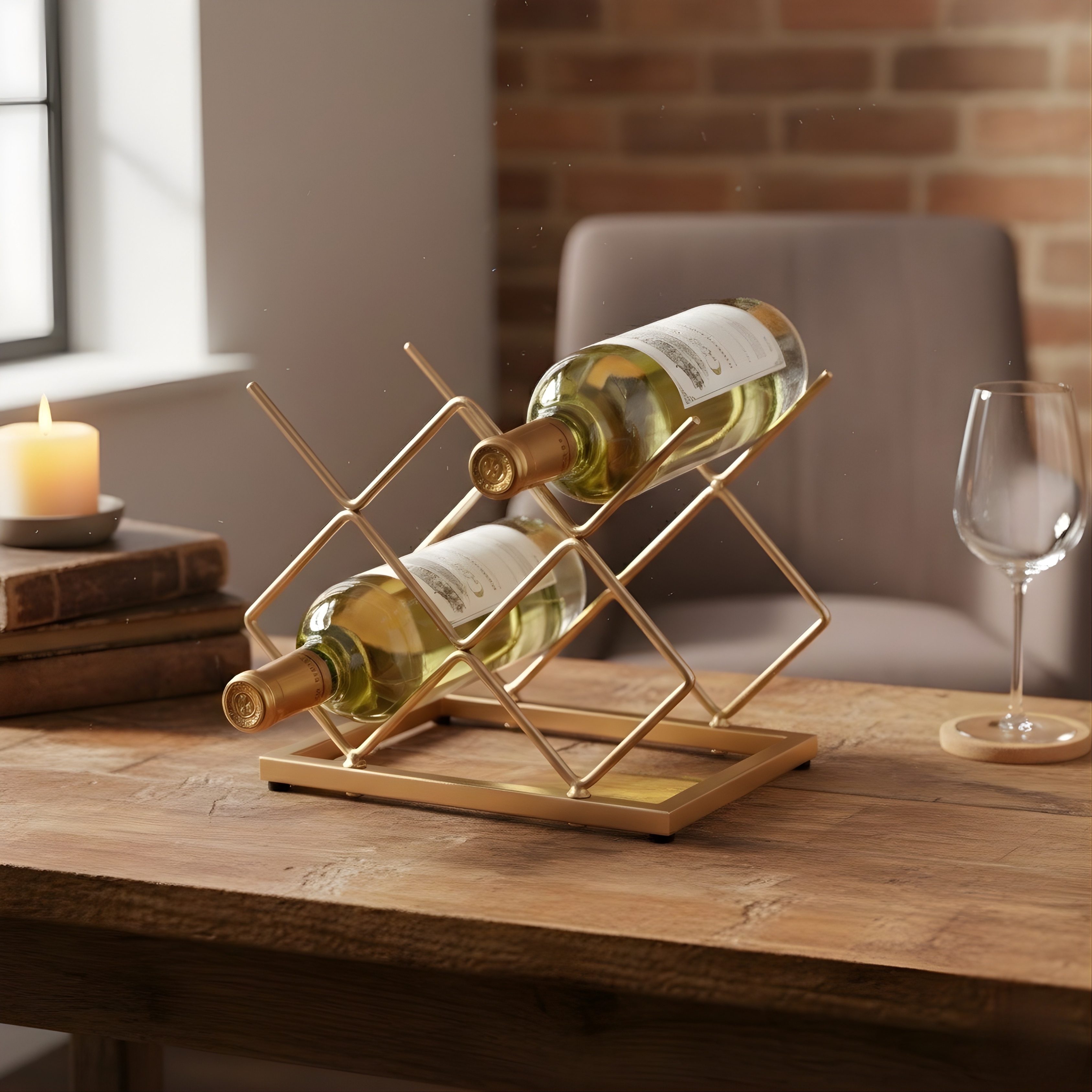 5 Bottle Tabletop Wine Rack | Red Metal Countertop Storage Holder for Kitchen & Home Bar (Square Design)