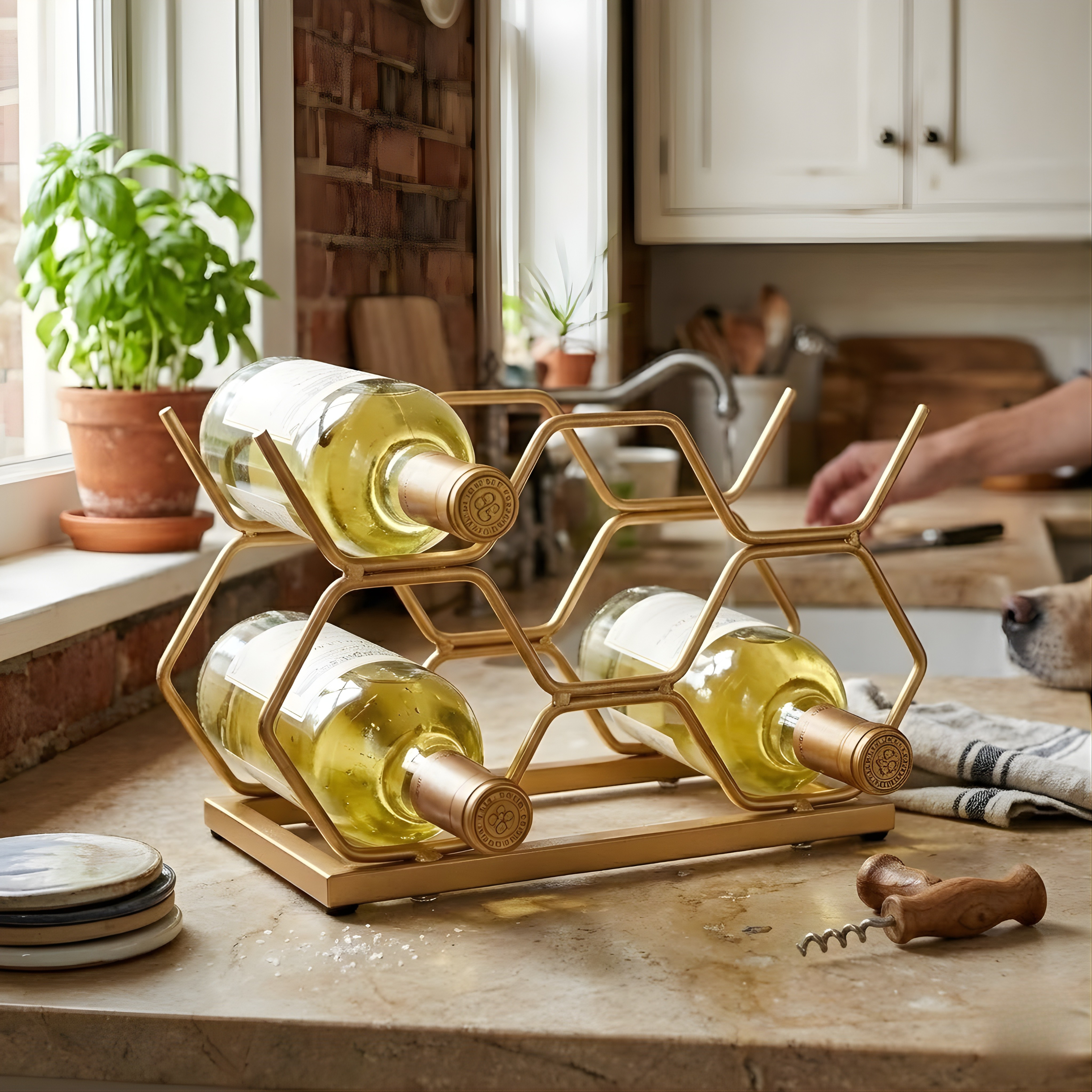 5 Bottle Tabletop Wine Rack | Red Metal Countertop Storage Holder for Kitchen & Home Bar (Square Design)