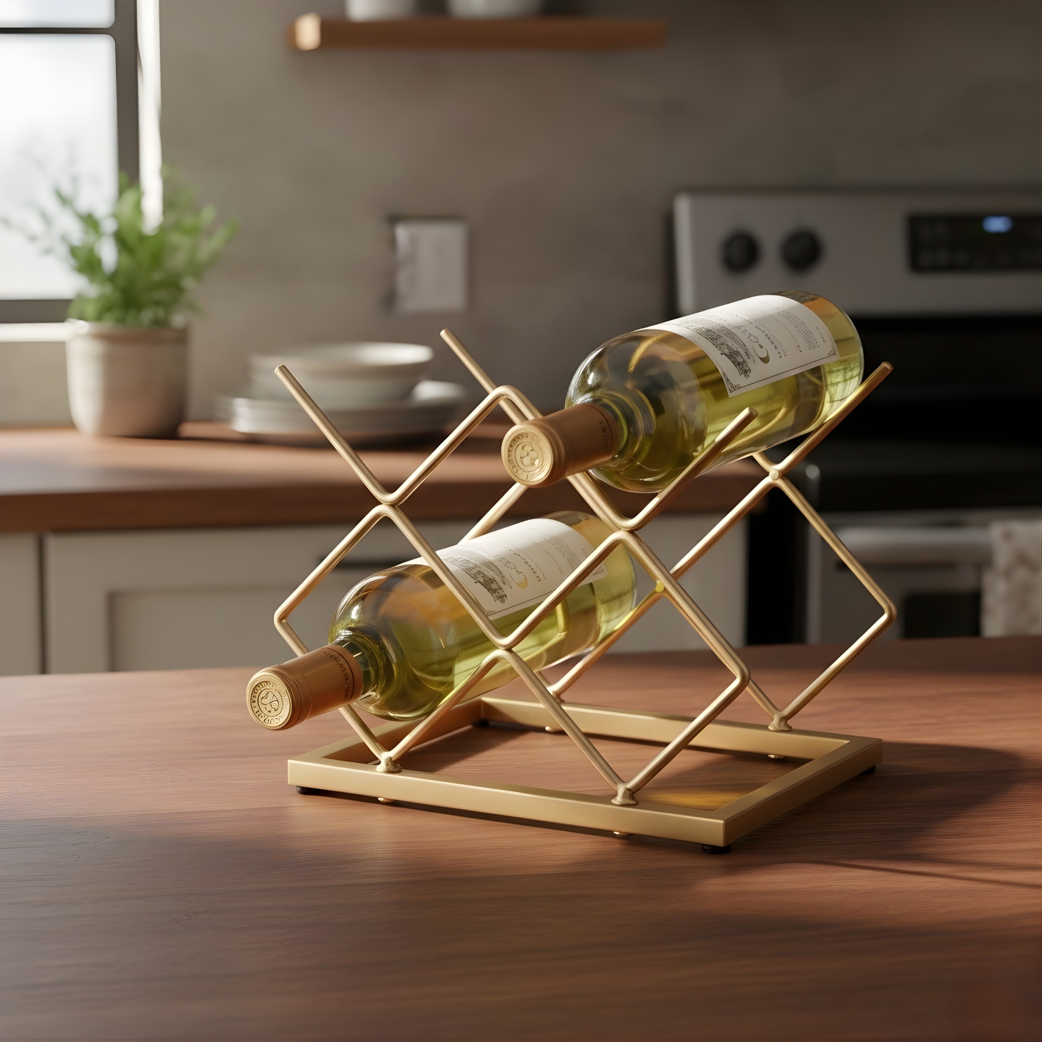 5 Bottle Tabletop Wine Rack | Red Metal Countertop Storage Holder for Kitchen & Home Bar (Square Design)