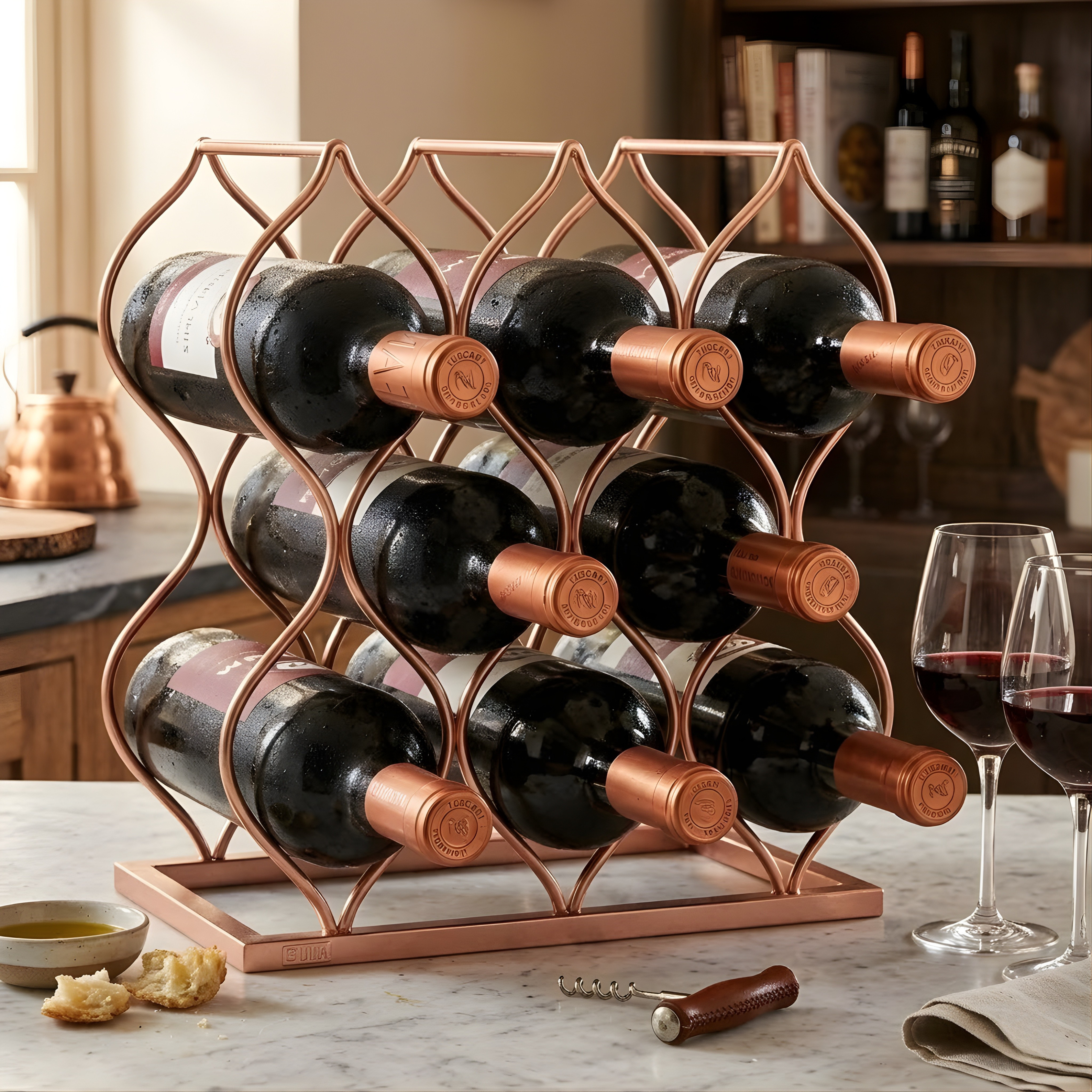 Imperial Tabletop Wine Rack – Rose Gold 5-Bottle Freestanding Countertop Wine Holder, No Assembly Required