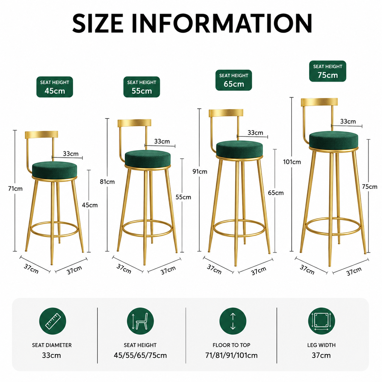 Nutech Decor Velvet Counter Height Bar Stool with Solid Backrest with Gold Legs | Kitchen & Bar Seating