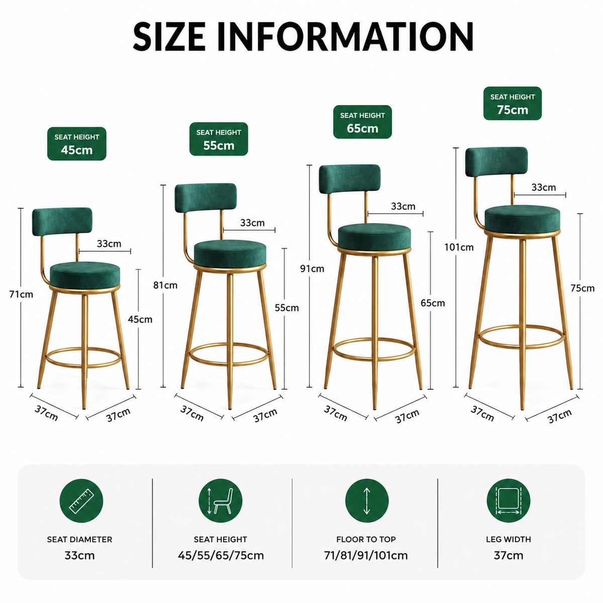 Nutech Decor Velvet Counter Height Bar Stool with Padded Backrest with Black & Gold Legs | Kitchen & Bar Seating