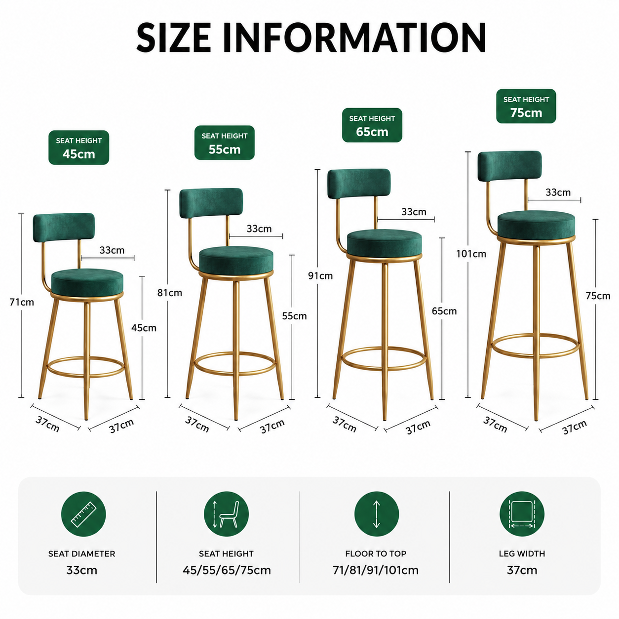 Nutech Decor Velvet Counter Height Bar Stool with Padded Backrest with Black & Gold Legs | Kitchen & Bar Seating