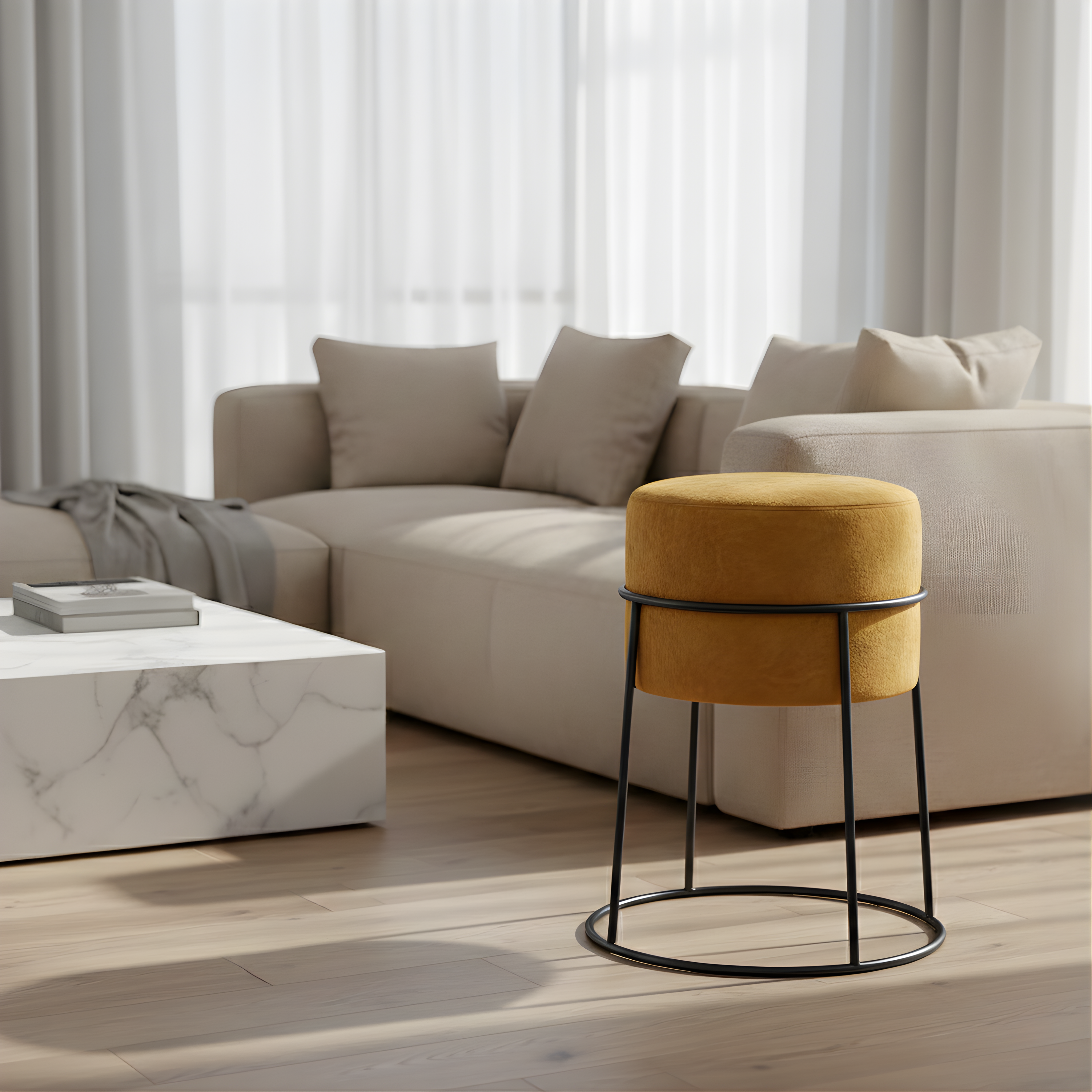 Stylish round ottoman with golden legs, portable comfort stool.